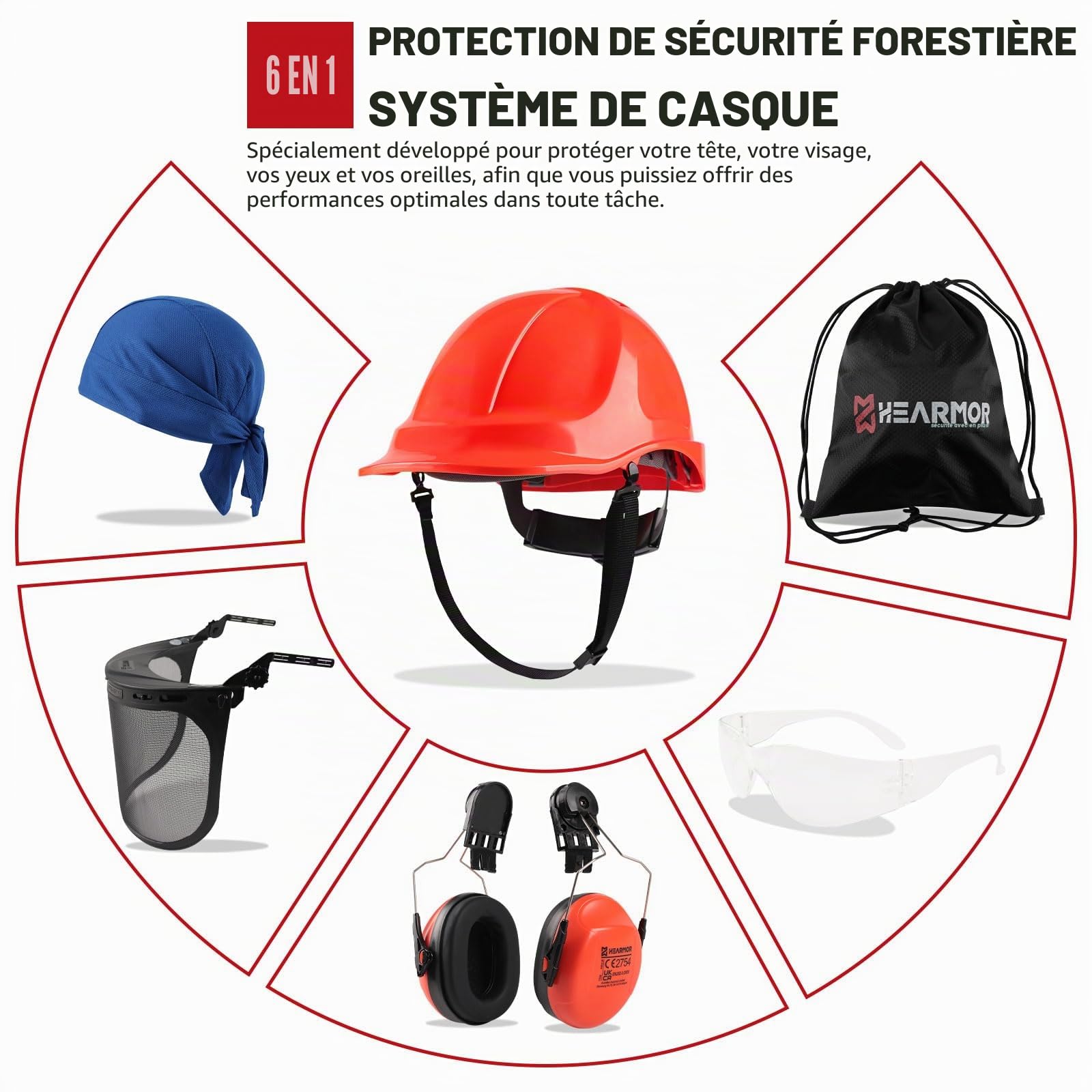 HEARMOR Casque de protection pour tronçonneuse avec visière en maille d'acier et protection auditive pour paysagistes et forestiers - Inclus sac portable et doublure de casque rafraîchissante