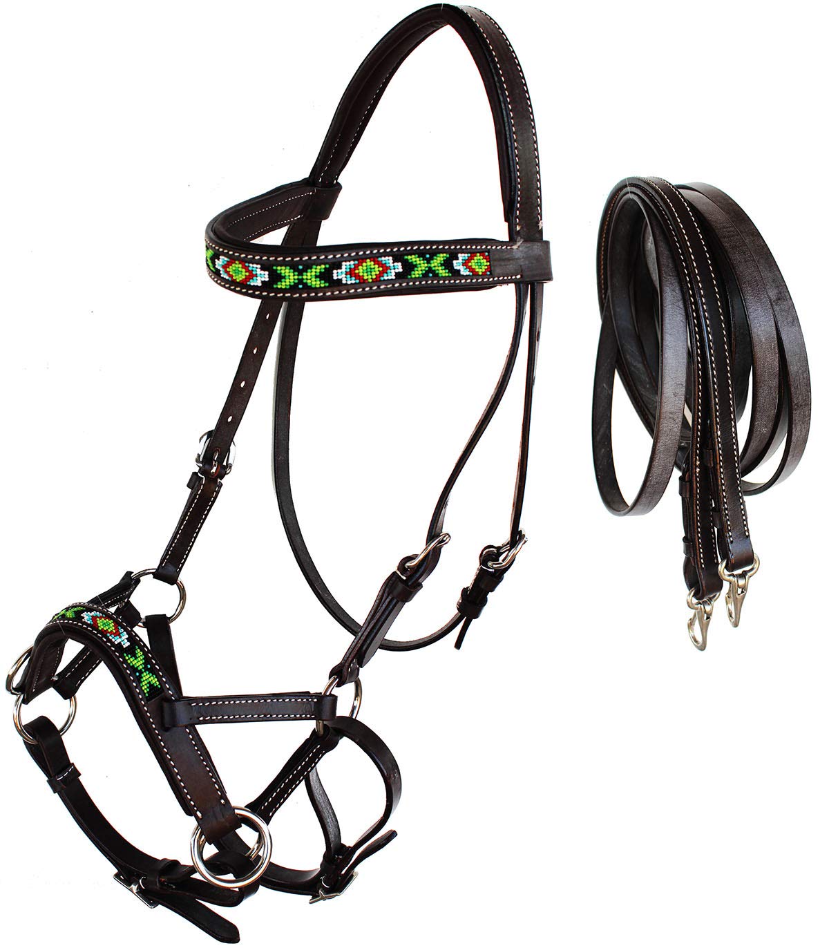 CHALLENGER Horse Western Padded Leather Beaded Bitless Sidepull Bridle 77RT21BR-F