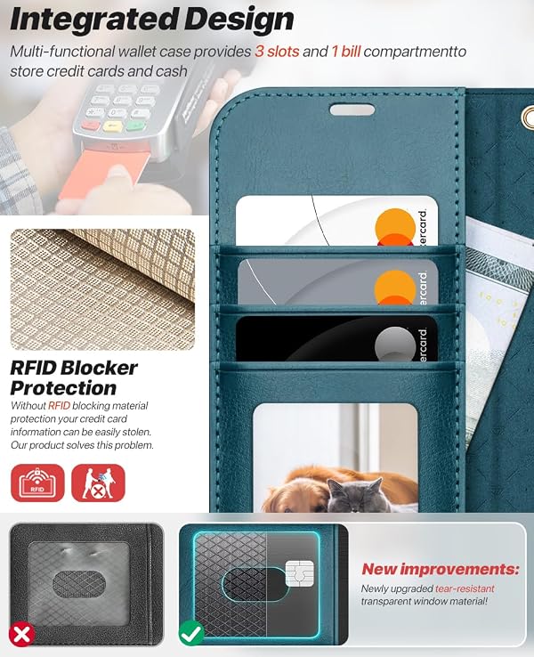 OCASE for iPhone 17 Pro Detachable Wallet Case with Card Holder, 2 in 1 PU Leather Flip Folio with RFID Blocking Stand Wrist Strap Shockproof Phone Cover 6.3 Inch 2025, Peacock Blue by OCASE - Used condition - Image 3