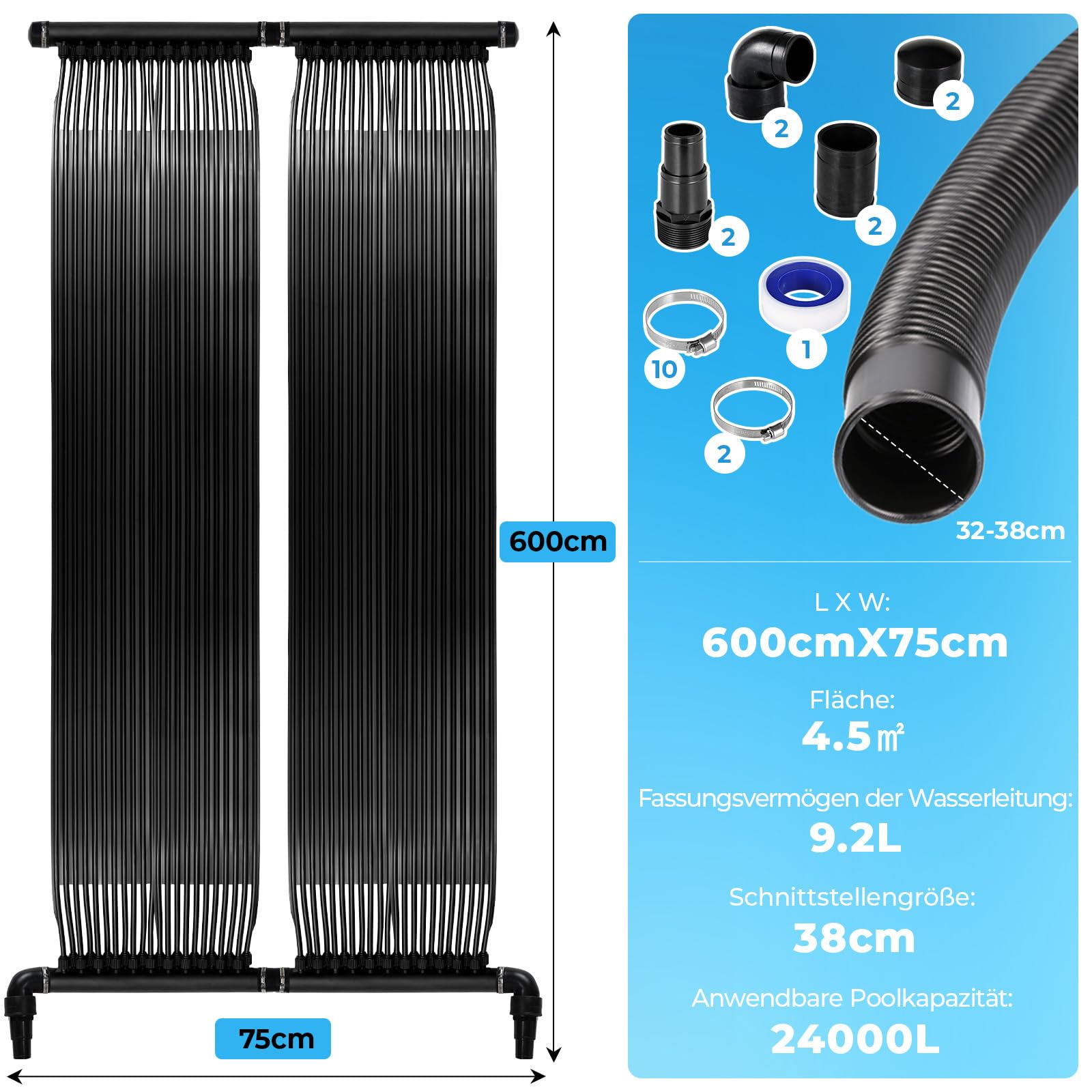 Podgrzewacz basenowy z kolektorem słonecznym 600x75 cm, podgrzewacz solarny, basen 4,2 ㎡o pojemności wody do 24000L, mata grzewcza z maty solarnej, odporna na promieniowanie UV