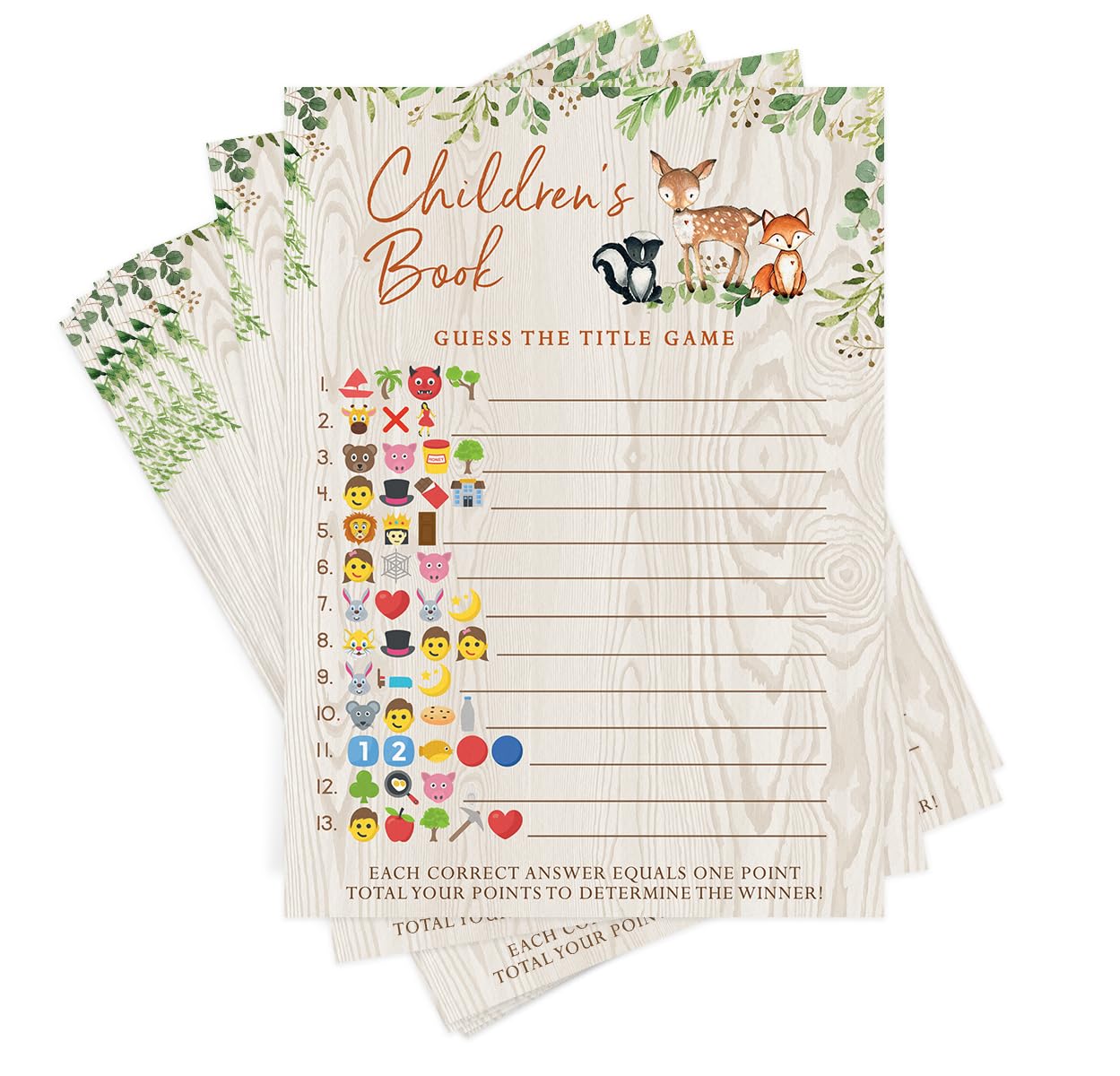 Printed Party Baby Shower Games – Children's Book Title Guessing Game for Boy or Girl, Woodland Forest Animals Theme, 50 Cards