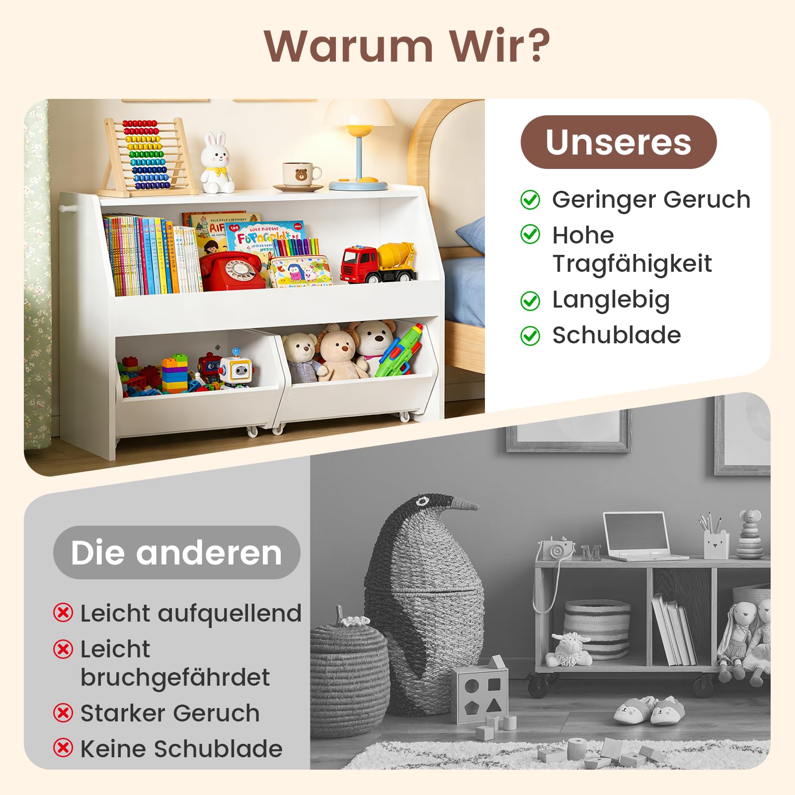 Kinderregal mit Boxen auf Rollen, Spielzeug Aufbewahrung, Bücherregal Kinder, Spielzeugregal Möbel für Kinderzimmer, Regal weiß mit 2 Schubladen - 91x30 x60 cm