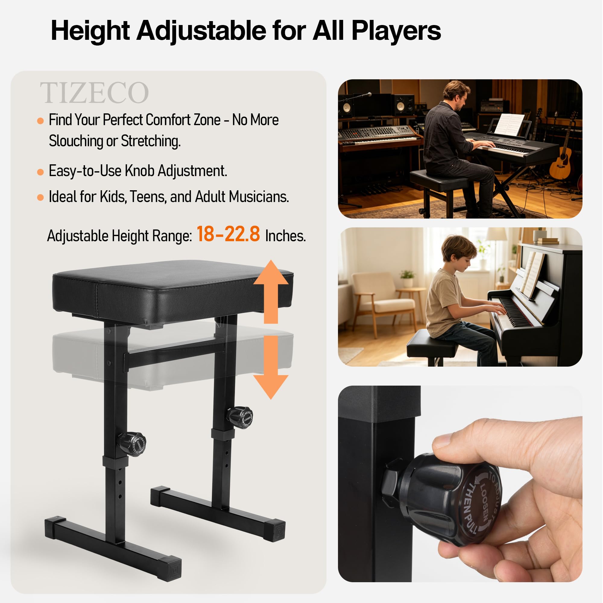 Klavierbank Verstellbarer Hocker, Schwerlast Musik Keyboard Bank Sitz für Klavier Keyboard Ständer mit Schwarz Gepolstertem Kissen für Musiker Klavierhocker Stuhl Automatische Höhenverstellung