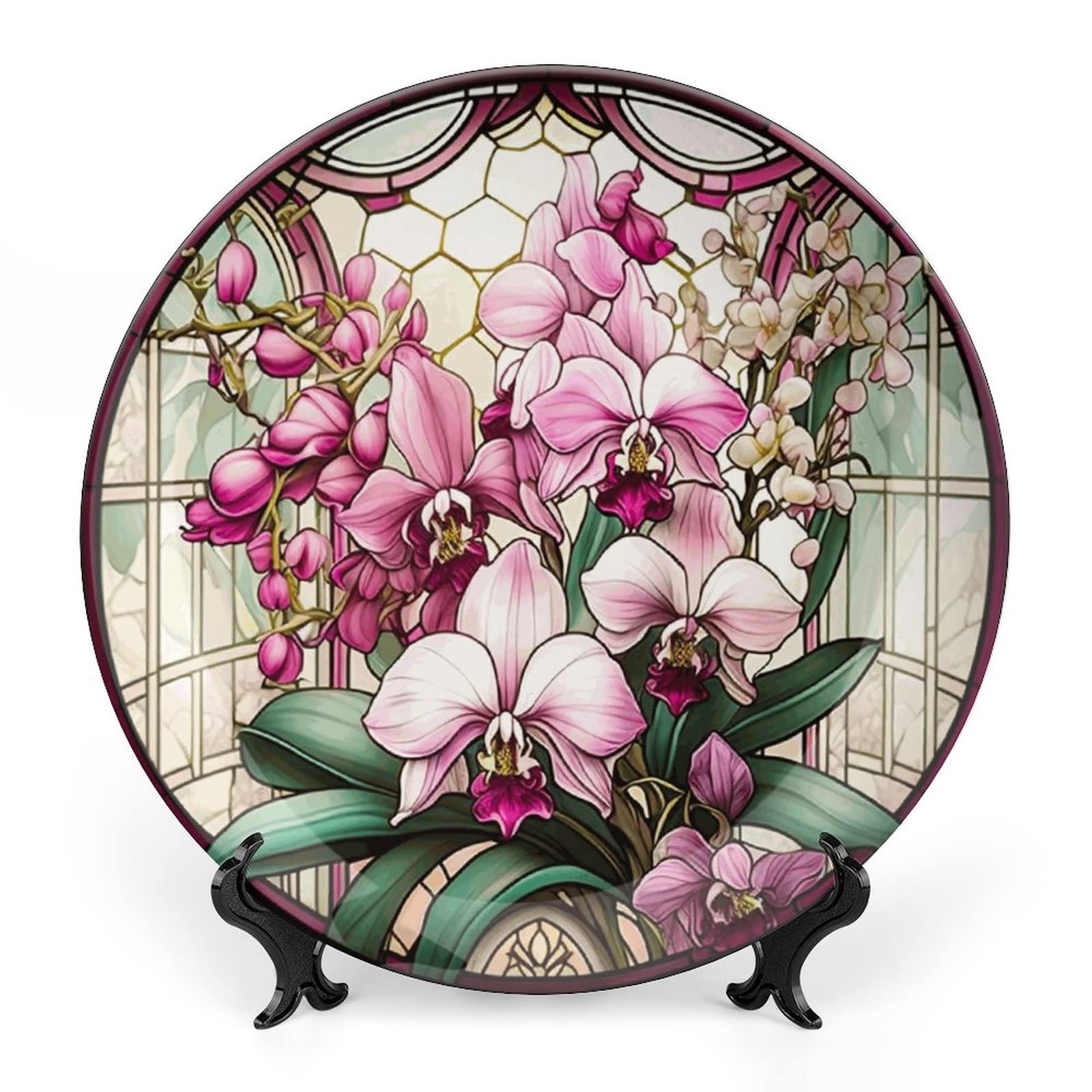 Decorative Plates for Home Decor, Stained Glass Window Design w/Orchid Decor Tray for Table Display, Ceramic Dinner Plate w/Stand, Living Room Dining Room Decor, Housewarming Gifts, 20 CM