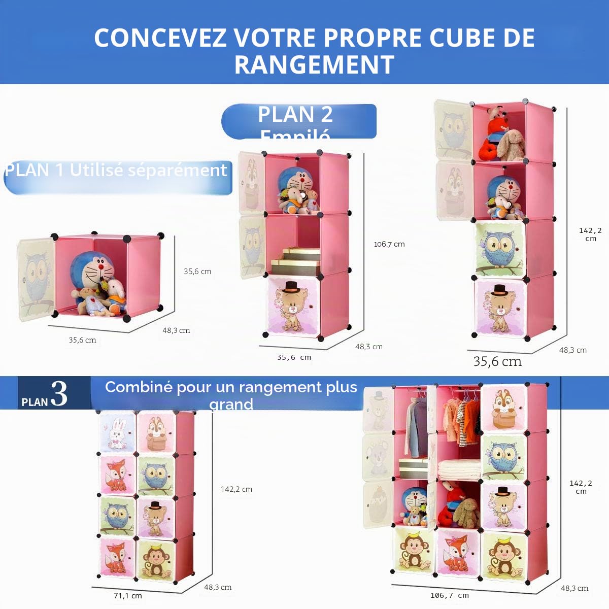 BRIAN & DANY Meuble Rangement Enfant avec Motifs d'animaux, Support de Rangement, Armoires Etagères Plastiques, Armoire de Rangement Bricolage (Rose, 12 Cubes)