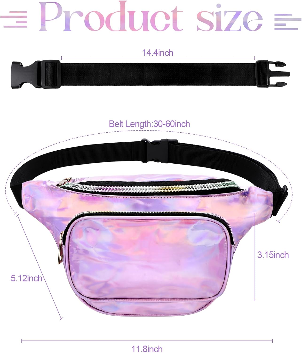 Oudain 2 Pcs Holographic Plus Size Fanny Pack for Women 80s Waist Packs with Extender Fanny Bag with Adjustable Belt Metallic Color Bag Large Capacity for Party Travel Festival Sports Silver, Pink - Image 2