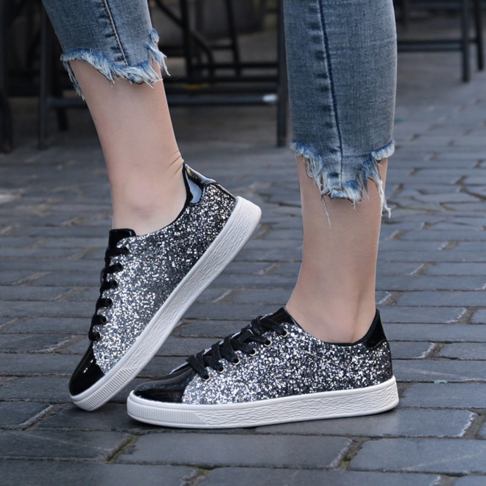 Sneaker da donna alla moda con paillettes glitterate, scarpe sportive piatte con brillantini, scarpe da festa, scarpe da corsa, scarpe da jogging con lacci, scarpe per il tempo libero