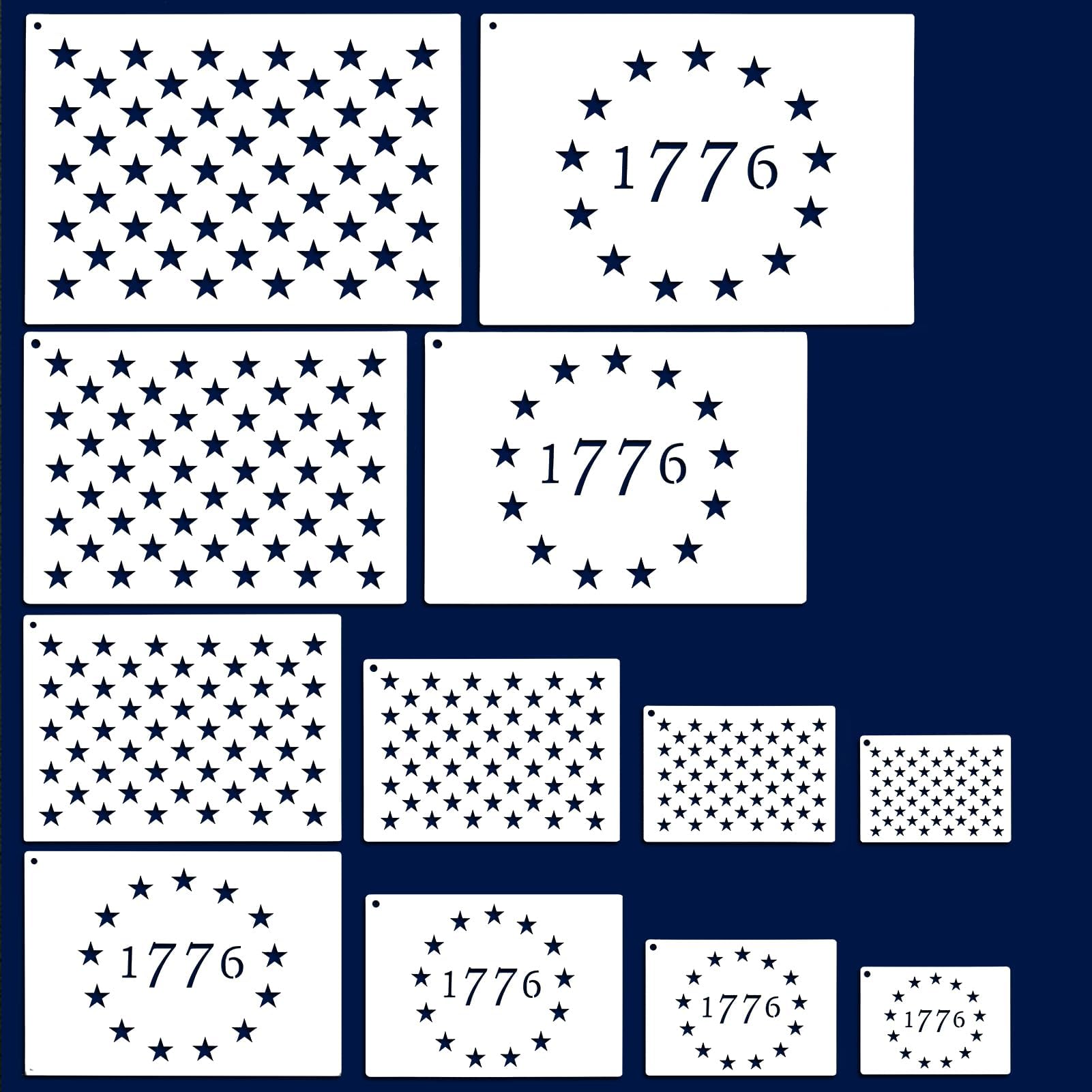 Photo 1 of 12 PCS Plastic American Flag Stencil Template, 6 Sizes 13 Stars 1776 Template for Wood, 50 Star Stencils for Painting Art Craft on Paper Wall Scrapbook
