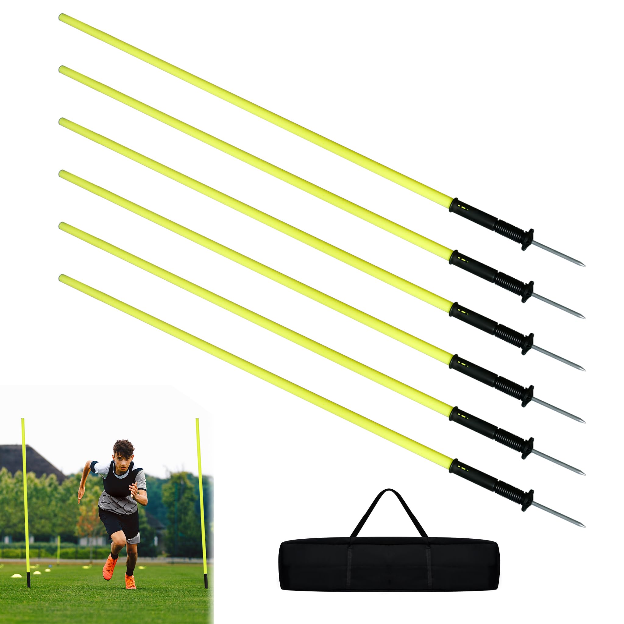 6er Slalomstangen Fussball Training Set, 150cm Slalom Stangen Sprunghafte Agilität Stangen mit Federgelenk & Erdspieß, Trainingsstangen Hürdenstangen für Koordinationstraining mit Tasche