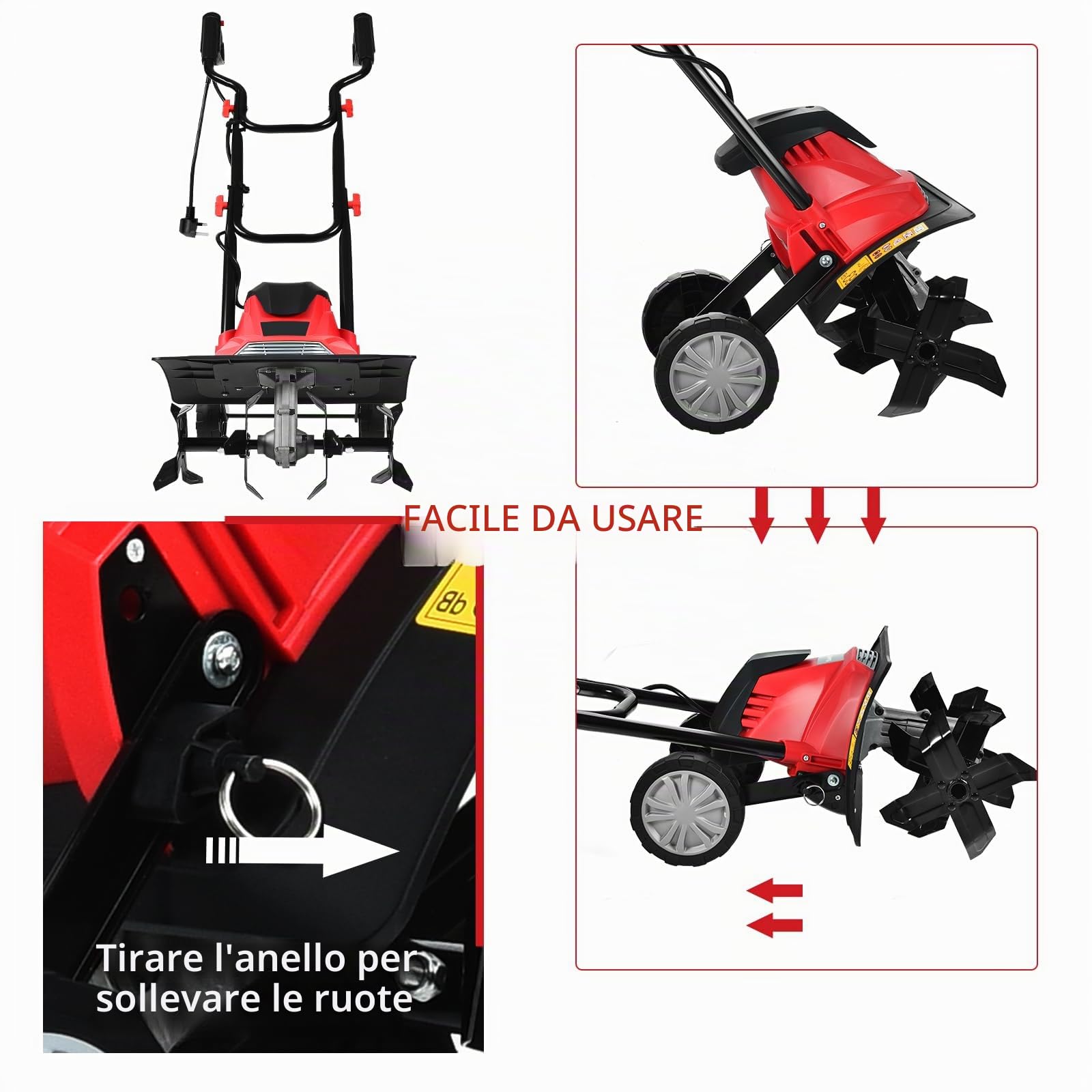 SOARS Motozappa Elettrica Pieghevole 1200W, Larghezza di Lavoro 36 cm Profondità di Lavoro 22 cm, 4 Lame, Zappatrice Elettrica per Orto e Giardino (Rosso, 36 x 40 cm, con Ruote)