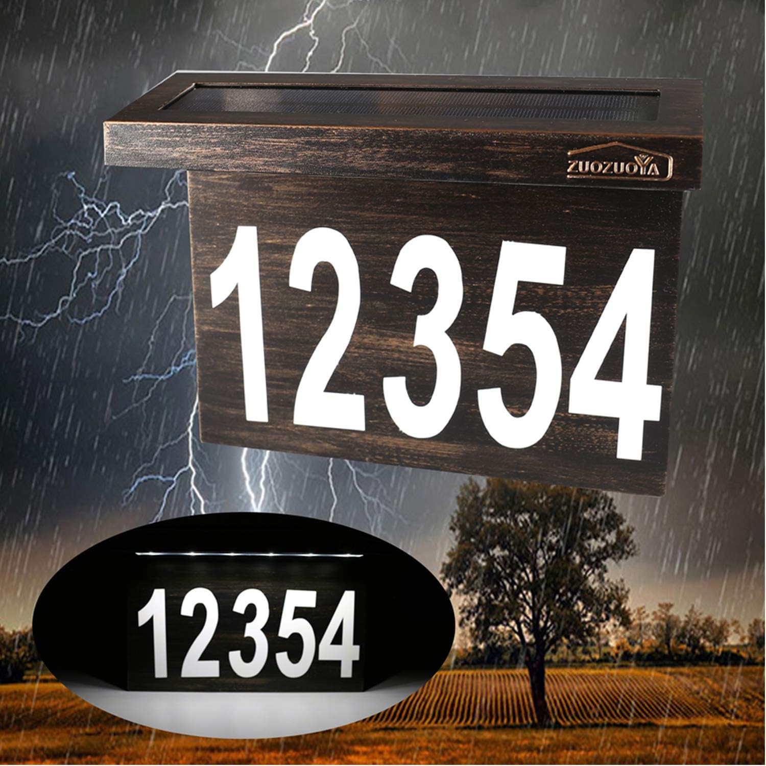 Dual-use Solar House Numbers Light - 2 Lighting Modes Bronze Aluminum Address Sign for House or Yard - 12 LED Light up House Numbers at Night - Waterproof Metal Plaque Stake Outdoor Lights