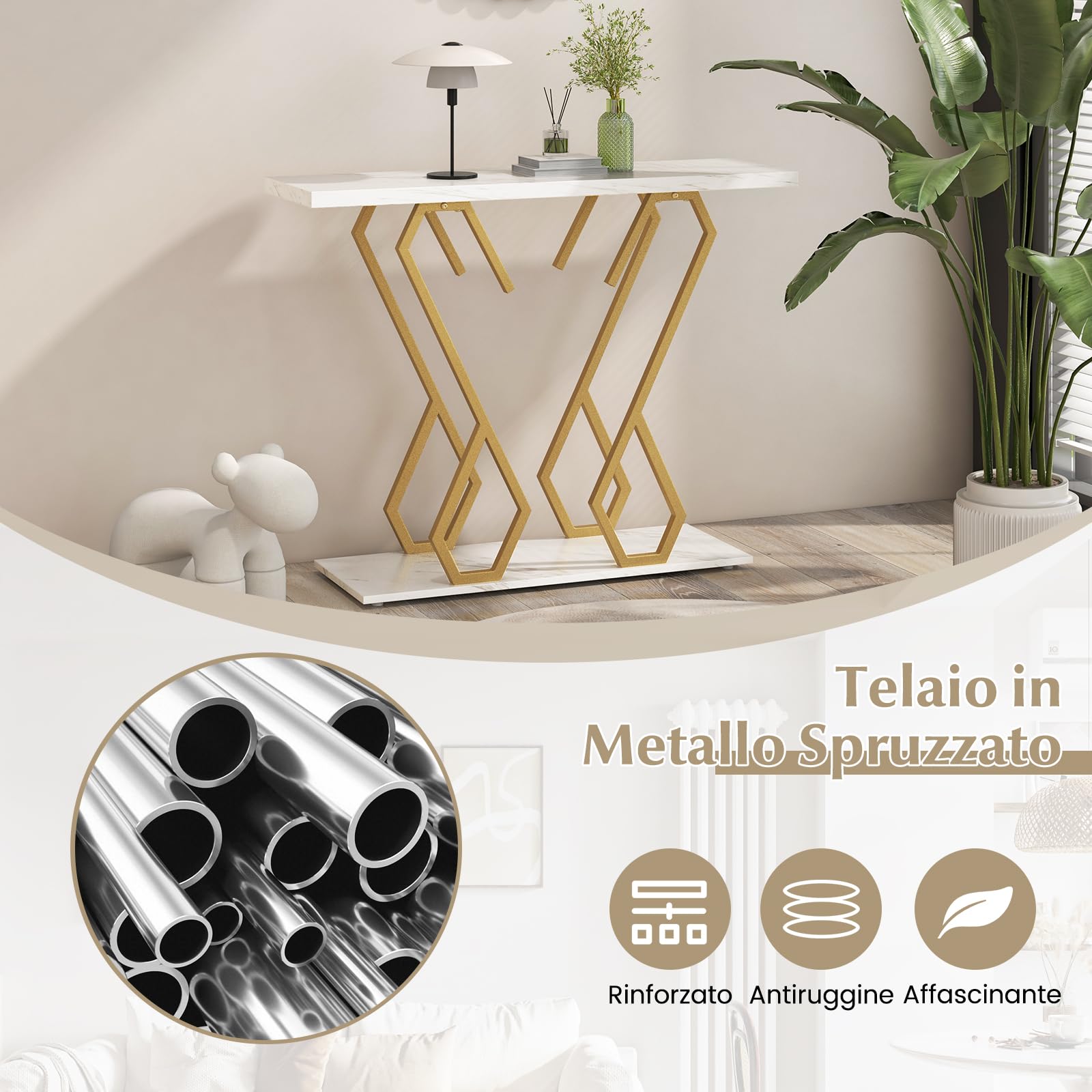 COSTWAY Tavolo Consolle 100cm, Tavolo d'Ingresso con Piedini Regolabili, Kit Antiribaltamento e Struttura in Metallo, Tavolino da Divano per Soggiorno, Ingresso e Corridoio (Bianco e Oro)