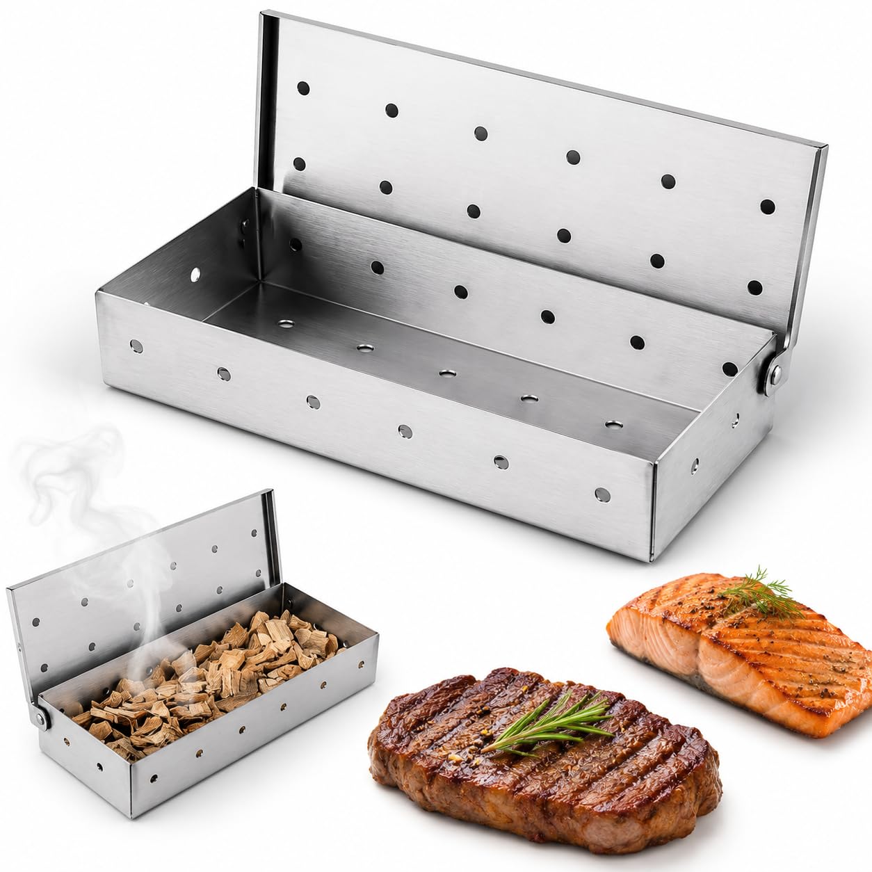 Caja ahumadora para barbacoa con virutas de madera, herramienta de parrilla de acero inoxidable de alta resistencia que infunde sabor a la carne y el pescado, compatible con parrillas de gas, carbón