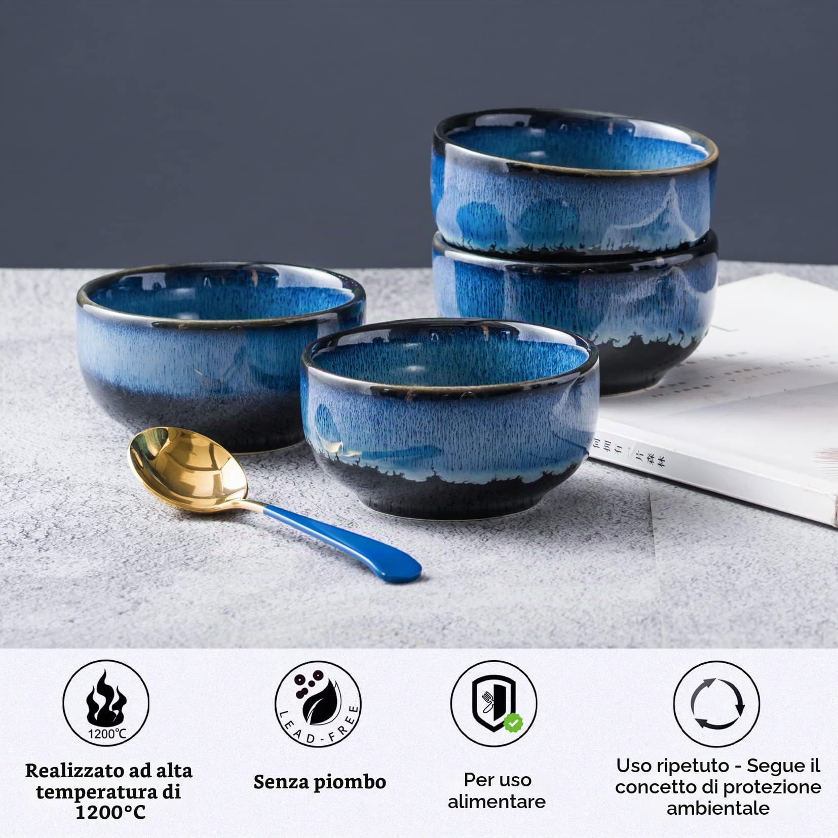 UNICASA Ciotole Tapas e Salse, Ciotole Cereali Colore Blu, Piatto Dessert e Verrine 4 Pz per Microonde Colazione, Servizi da Tavola - Blu