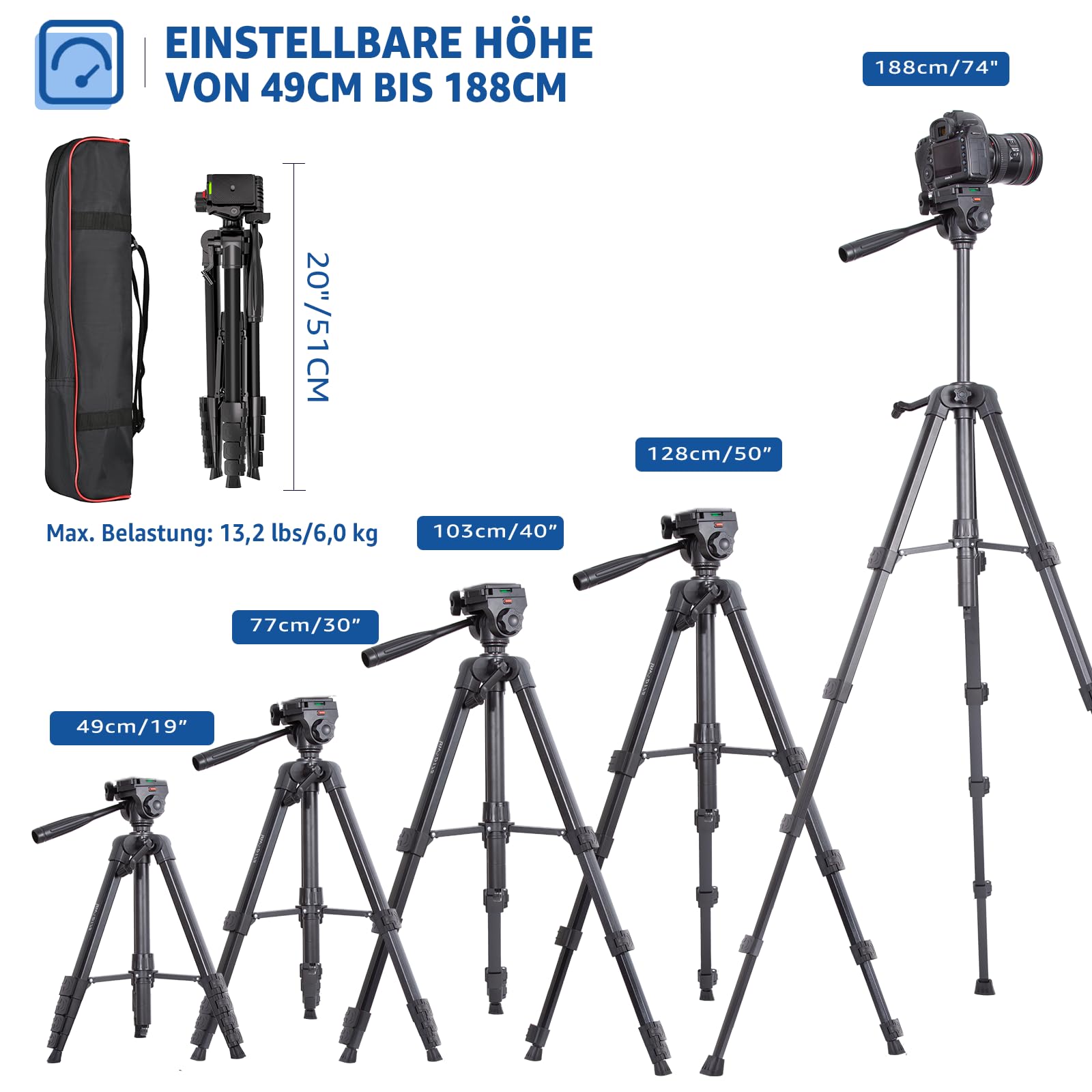 Lusweimi 187cm Kamera Stativ, Aluminium Reisestativ mit 360° Panorama Fluidkopf&2 QR-Platten für Sony/Nikon/Canon, Telefonstativ mit Handyhalter/Fernbedienung für Tiktok/YouTube/Vlog/Video (555+)