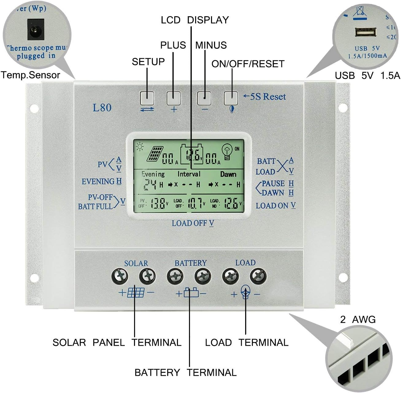80A Solar Charge Controller 80 amp Solar Panel Regulator with Load Timer, 12V 24V Auto with LCD Display USB 5V 1500mA and Usd for Control Landscape Lights and Water Features