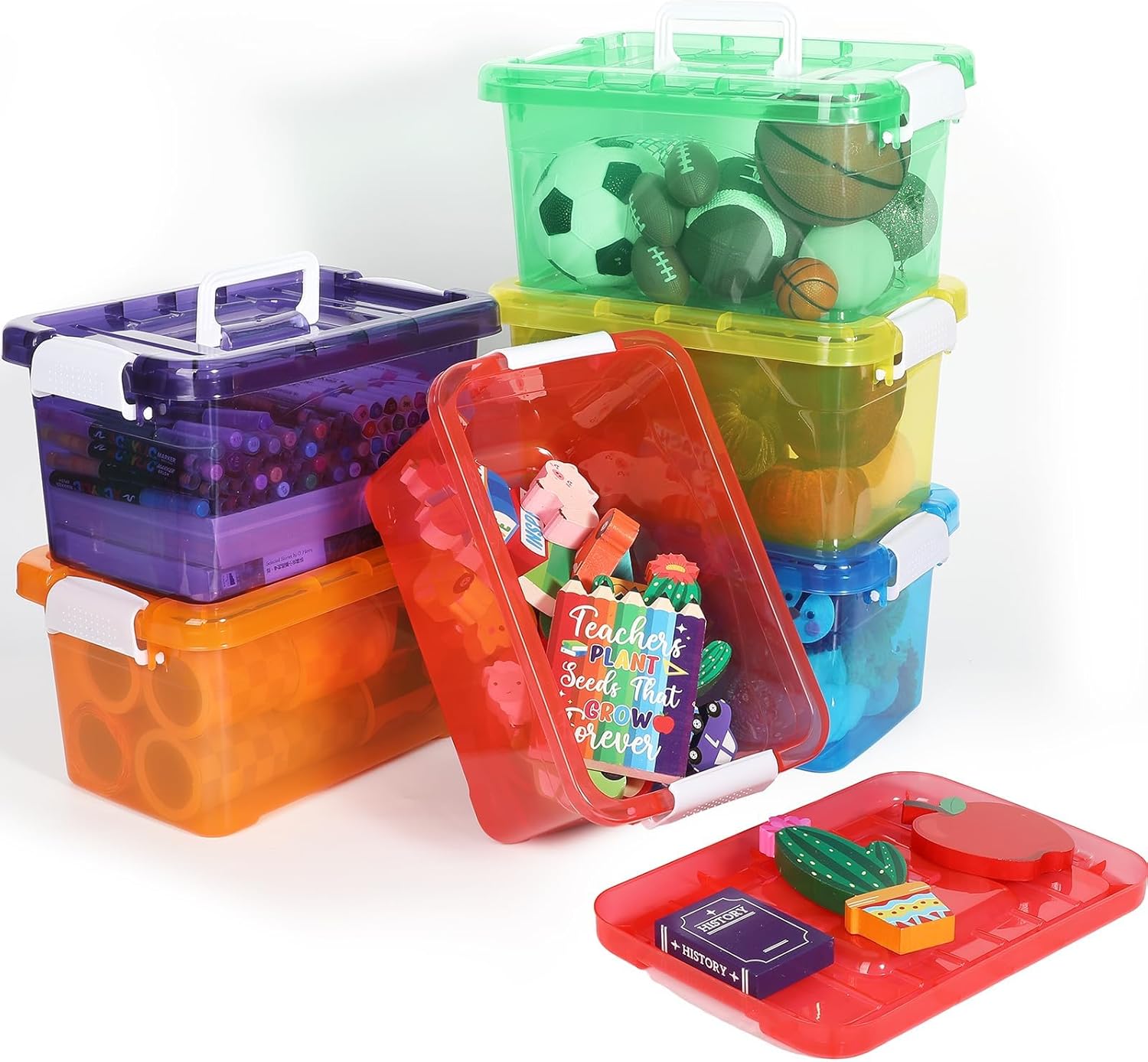 6 Pack 7 Quart Colorful Plastic Storage Bins with Lids Storage Latch Box Stackable and Nestable Clear Toy Storage Organizer Bins with Buckle for Classroom School Kid Room Home(6 Colors)