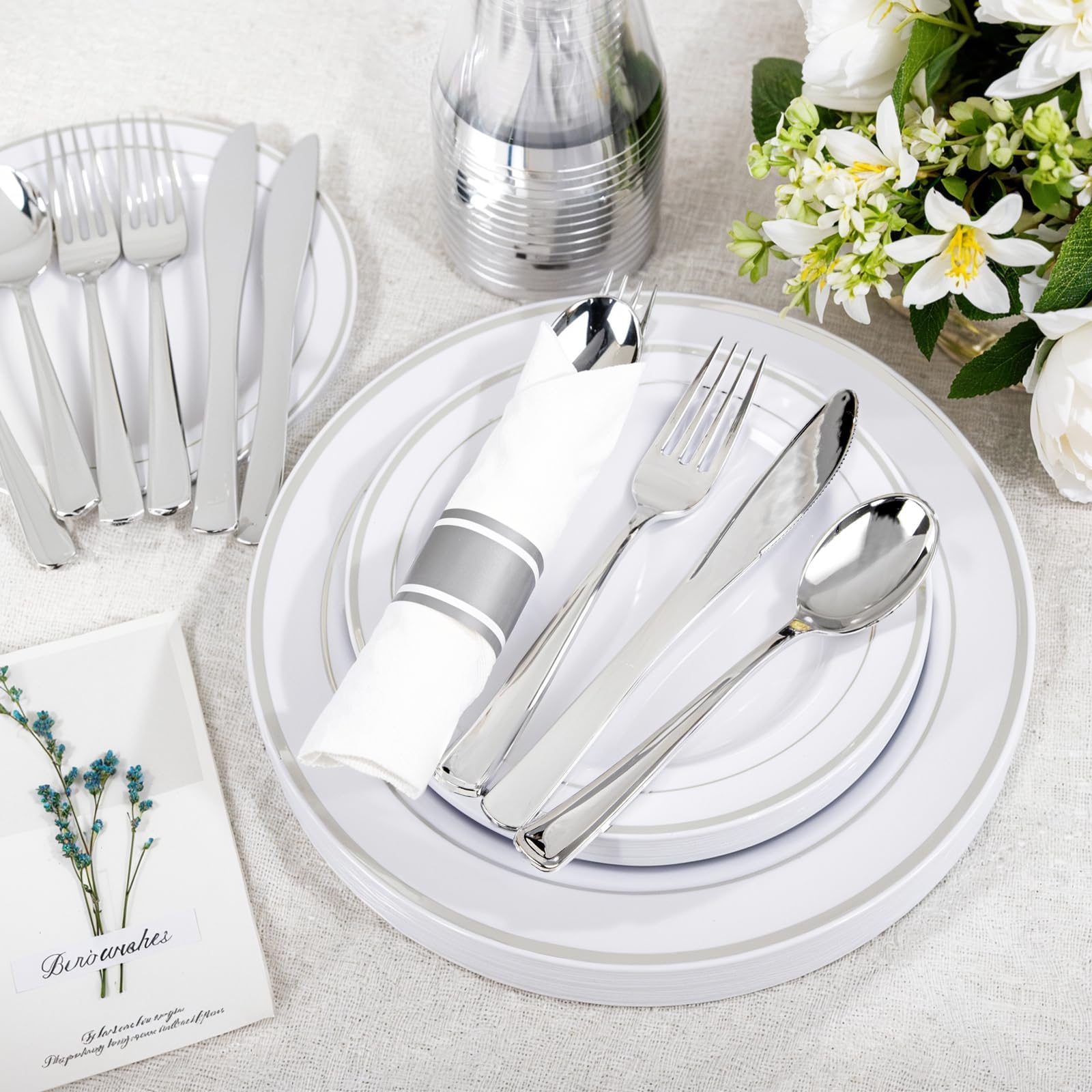 WELLIFE 350 Piece Silver Dinnerware Set - Disposable Plates & Cutlery -5