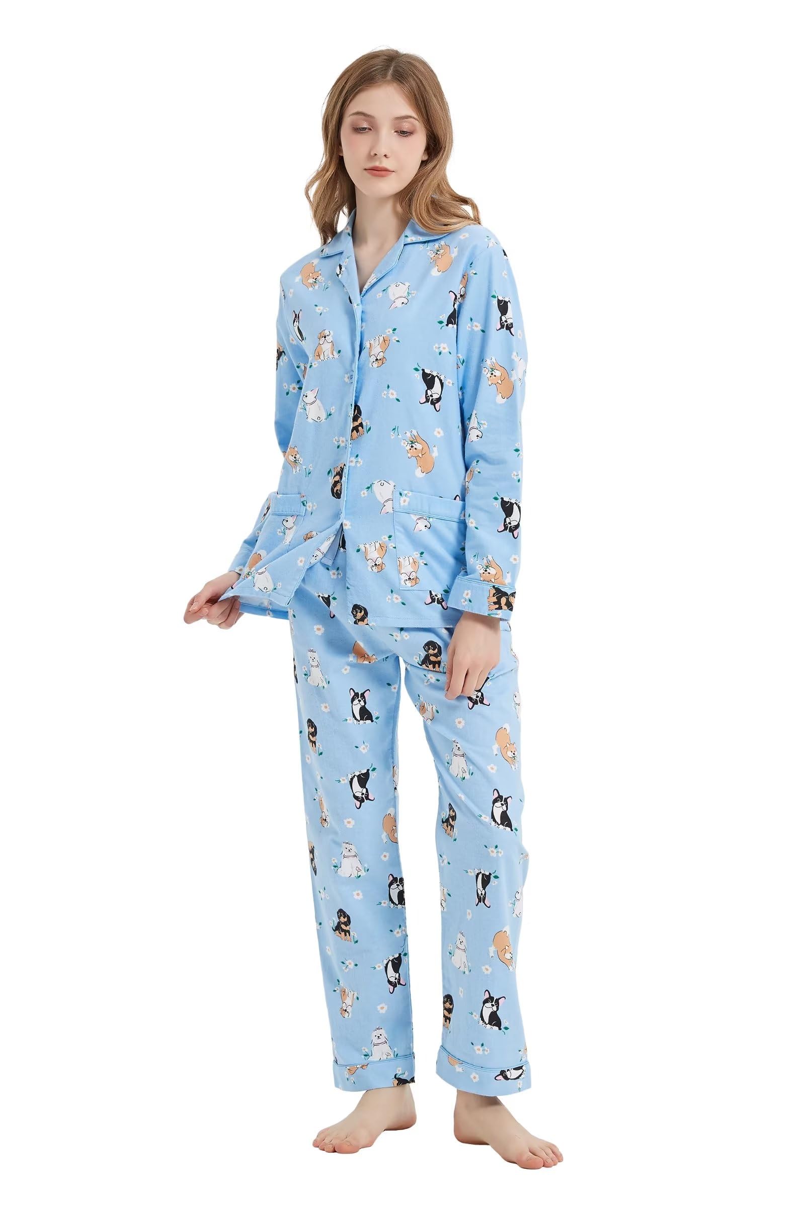Kolipajam Women's Blue-Puppy 100% Cotton Flannel Pyjama Set Cozy Drawstring Waist Winter Pjs For