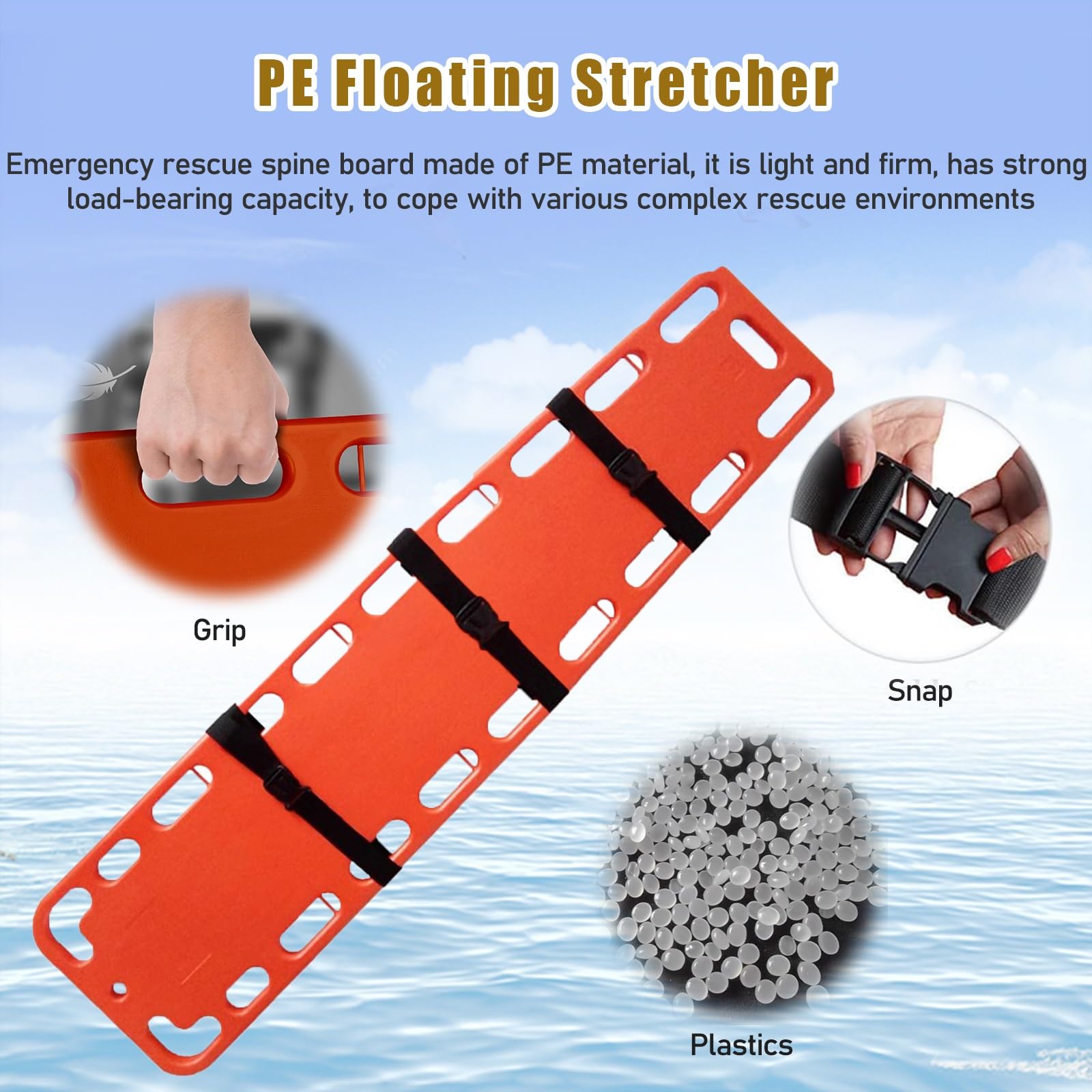 HAIXHX Spineboards Tragbares Schwimmbad-Rettungsbrett, Notfallrettungsbrett Mit 3 Sitzgurten, Wasser Schwimmende Krankentrage First Responder Backboard(184x45x6.5cm/72.5x17.7x2.6in)