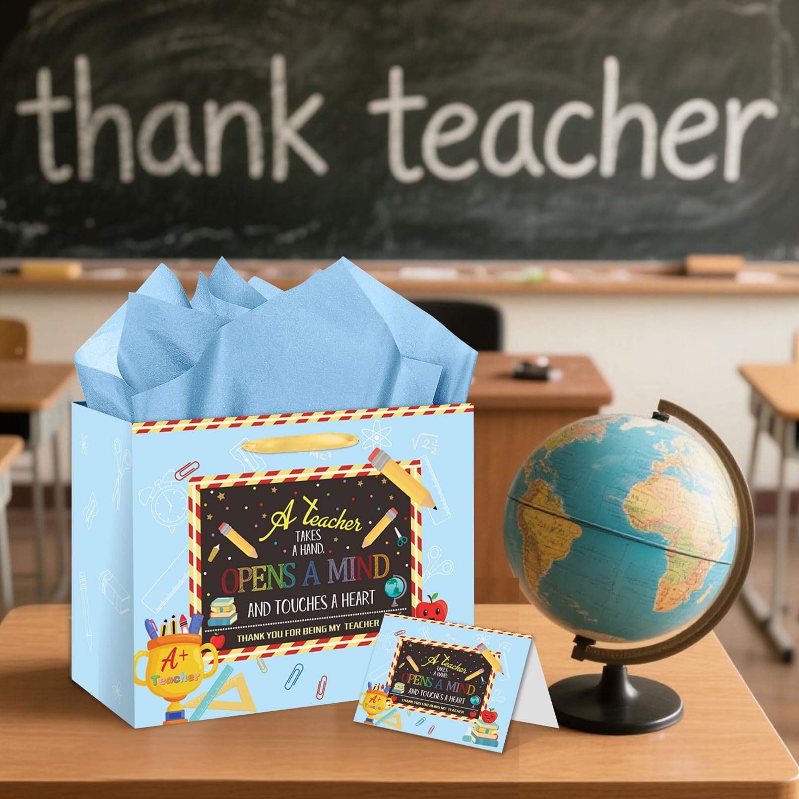 HSKMAKE Teacher Appreciation Gift Bags Blue Thank You Teacher Gift Set With Greeting Card, Envelope & Tissue Large Paper Bag for Educators, Graduation, Retirement Supplies