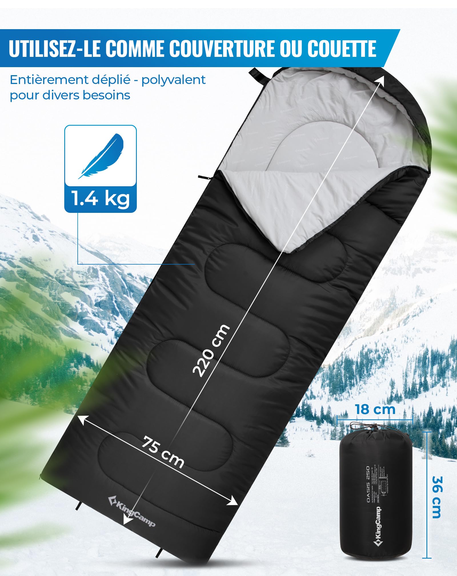 KingCamp Sac de Couchage Oasis 3-4 Saisons Imperméable et Léger pour Le Camping (Enfants et Adultes) - Reliable Gauche/Droite en Double Sac, Idéal pour Les Voyages et Activités Plein Air - 3