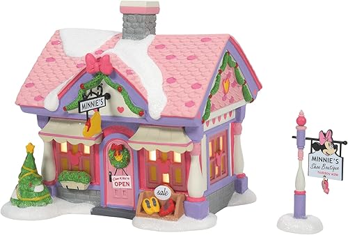 Department 56 Disney Mickey Mouse Village Minnie's Shoe Boutique - Juego de figuras de casa iluminada y letrero, 6.02 pulgadas, multicolor