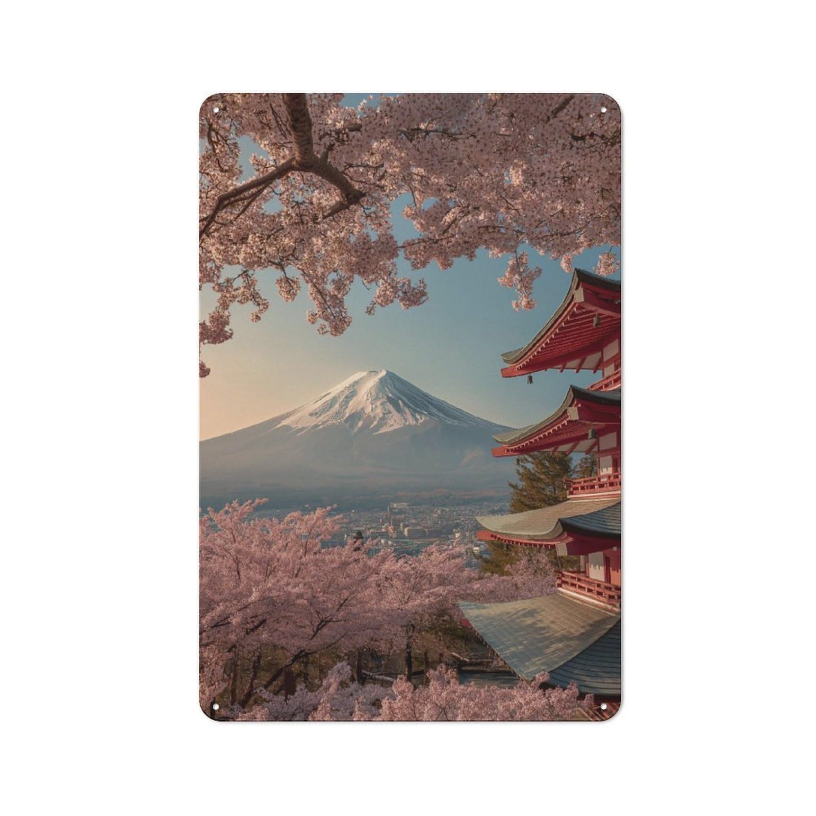 Junmoney Cherry Blossoms And Mount Fuji Tin Wall Plaque 30X20cm With For Living Room Wall, Gift For Feature Wall Decorators During The Christmas Season