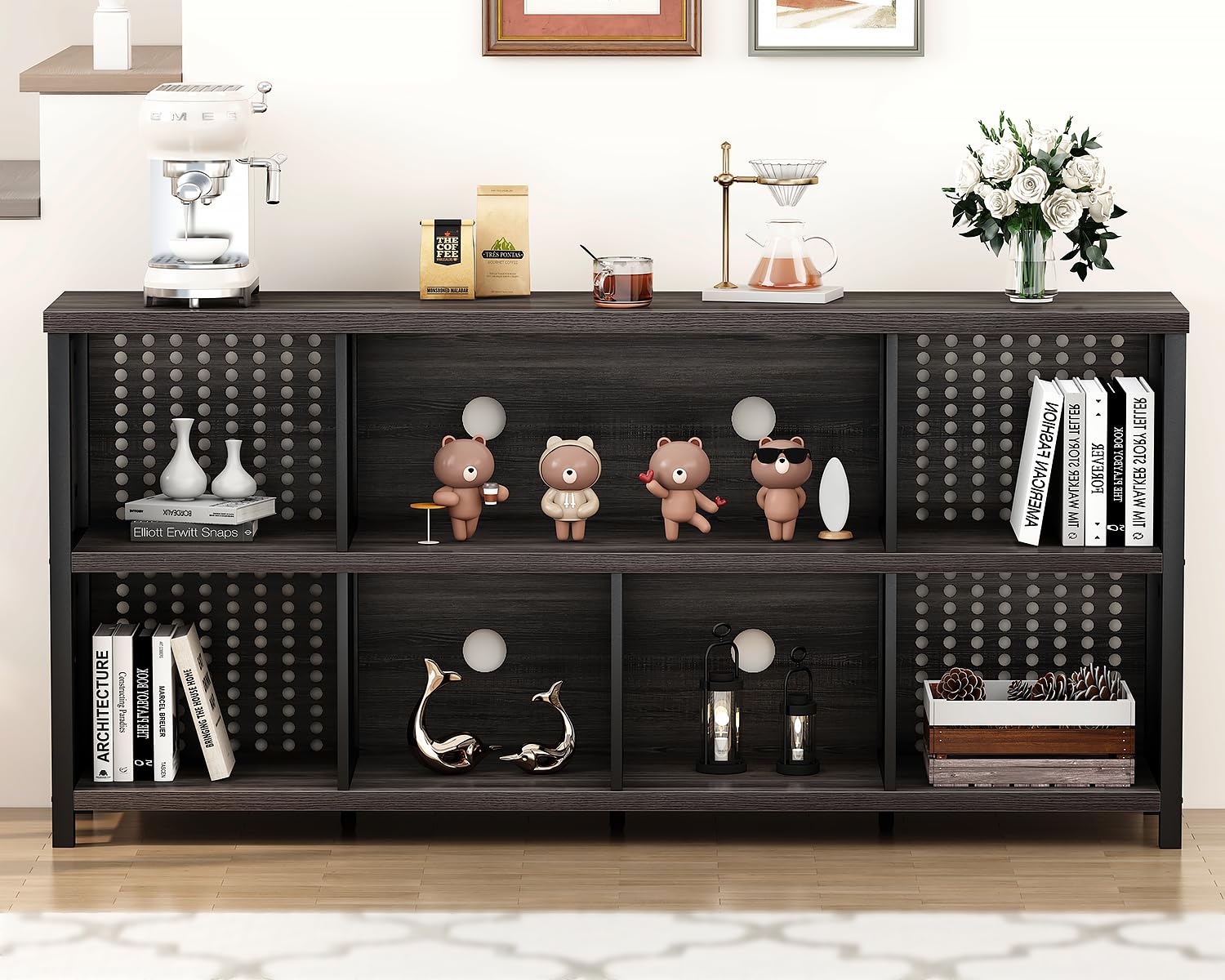 LVB Bücherregal Standregal mit Holz und Metall Bücherschrank mit 8 Offene Fächer Würfelregal Büroregal horizontal für Wohnzimmer Homeoffice Kinderzimmer Dunkelgrau 34T x 160B x 76H