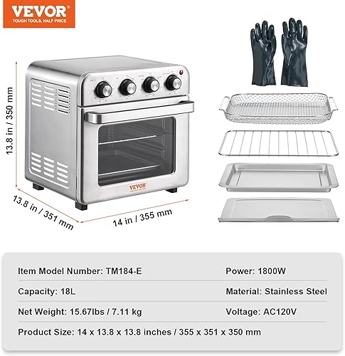 Miniatura 7 de VEVOR Horno tostador con freidora de aire 7 en 1, horno de convección de 18 L, horno tostador de acero inoxidable de 1800 W, combo de encimera con