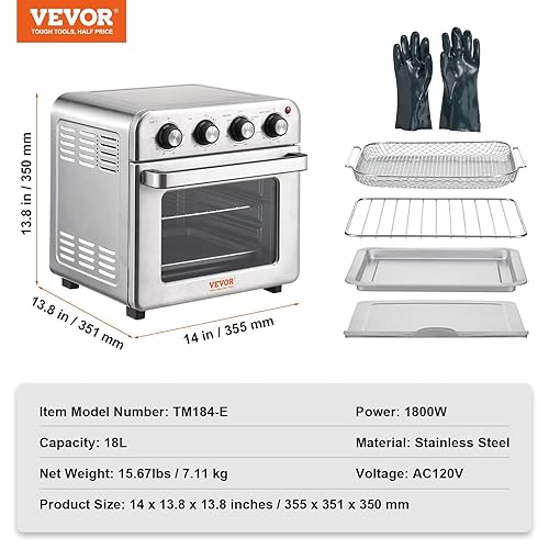 Miniatura 7 de VEVOR 7-IN-1 Air Fryer Toaster Oven, 18L Convection Oven, 1800W Stainless Steel Toaster Ovens Countertop Combo with Grill, Pizza Pan, Gloves, 6
