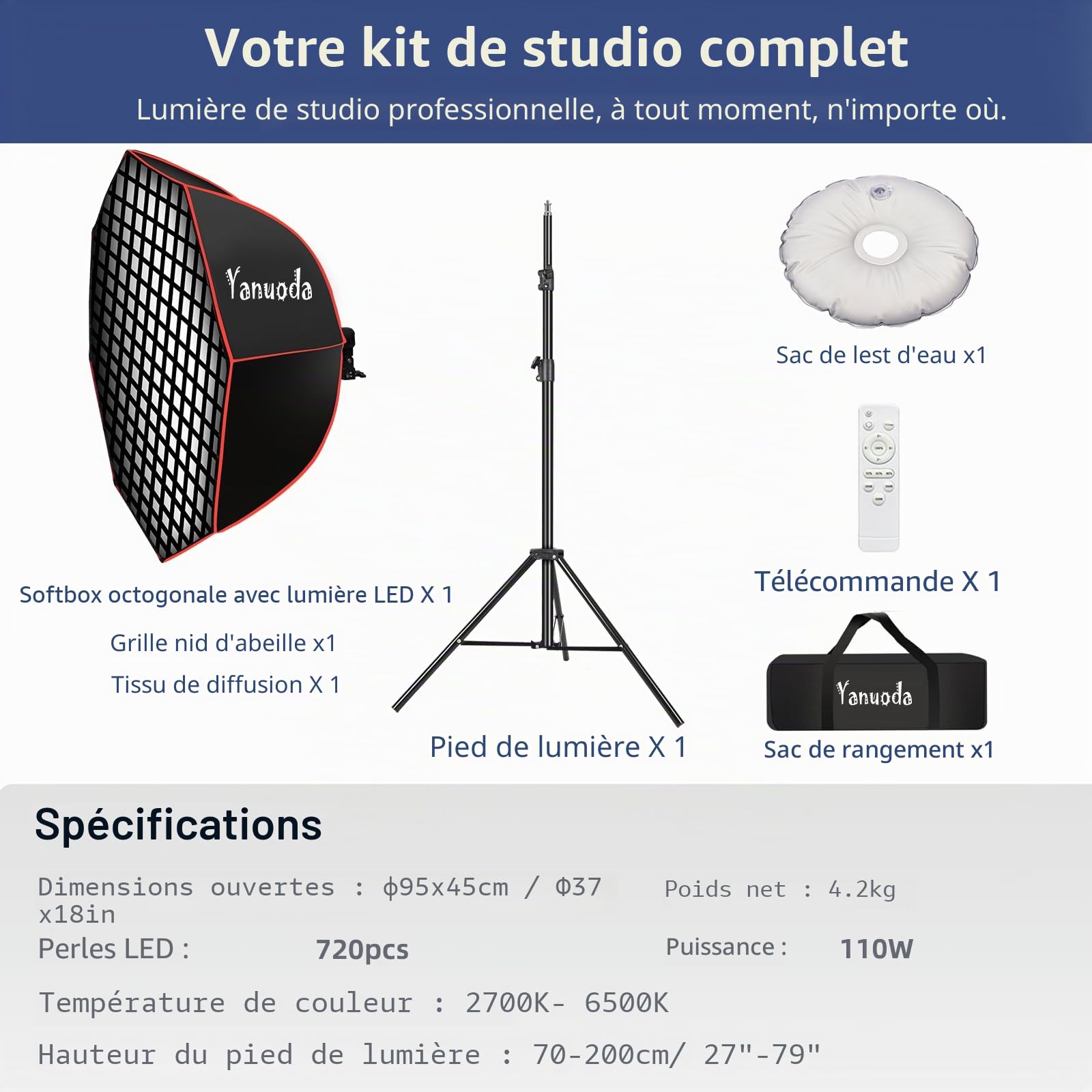 Softbox Octogonale 95cm LED 110W IRC97 Éclairage Studio Vidéo TikTok