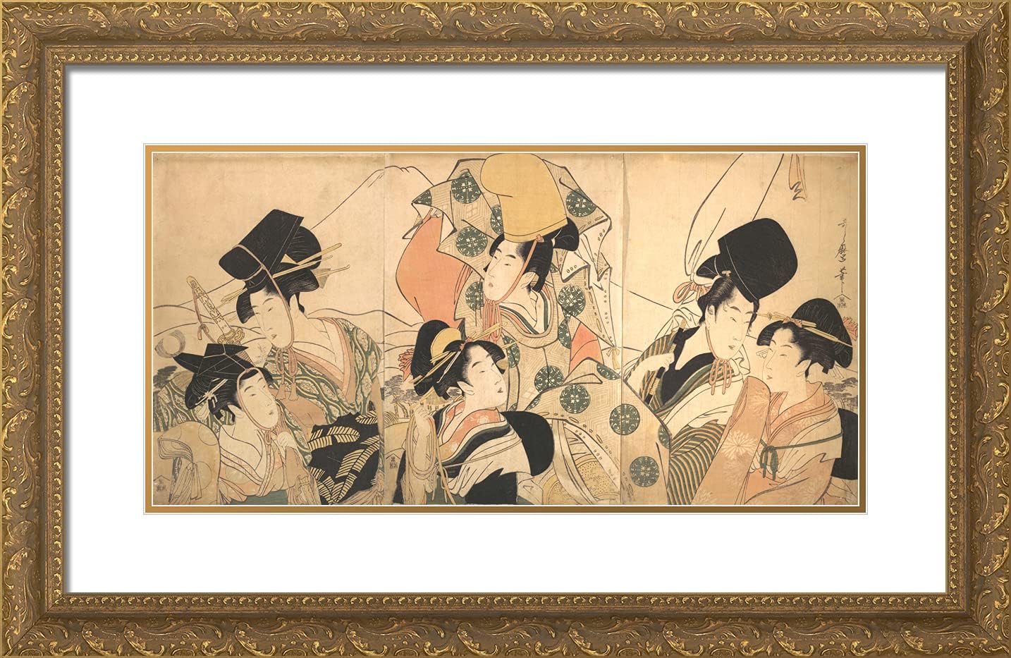 ArtDirect Utamaro, Kitagawa 24x16 Gold Ornate Framed Art Print with Double Matting Titled: Narihiras Journey to the East