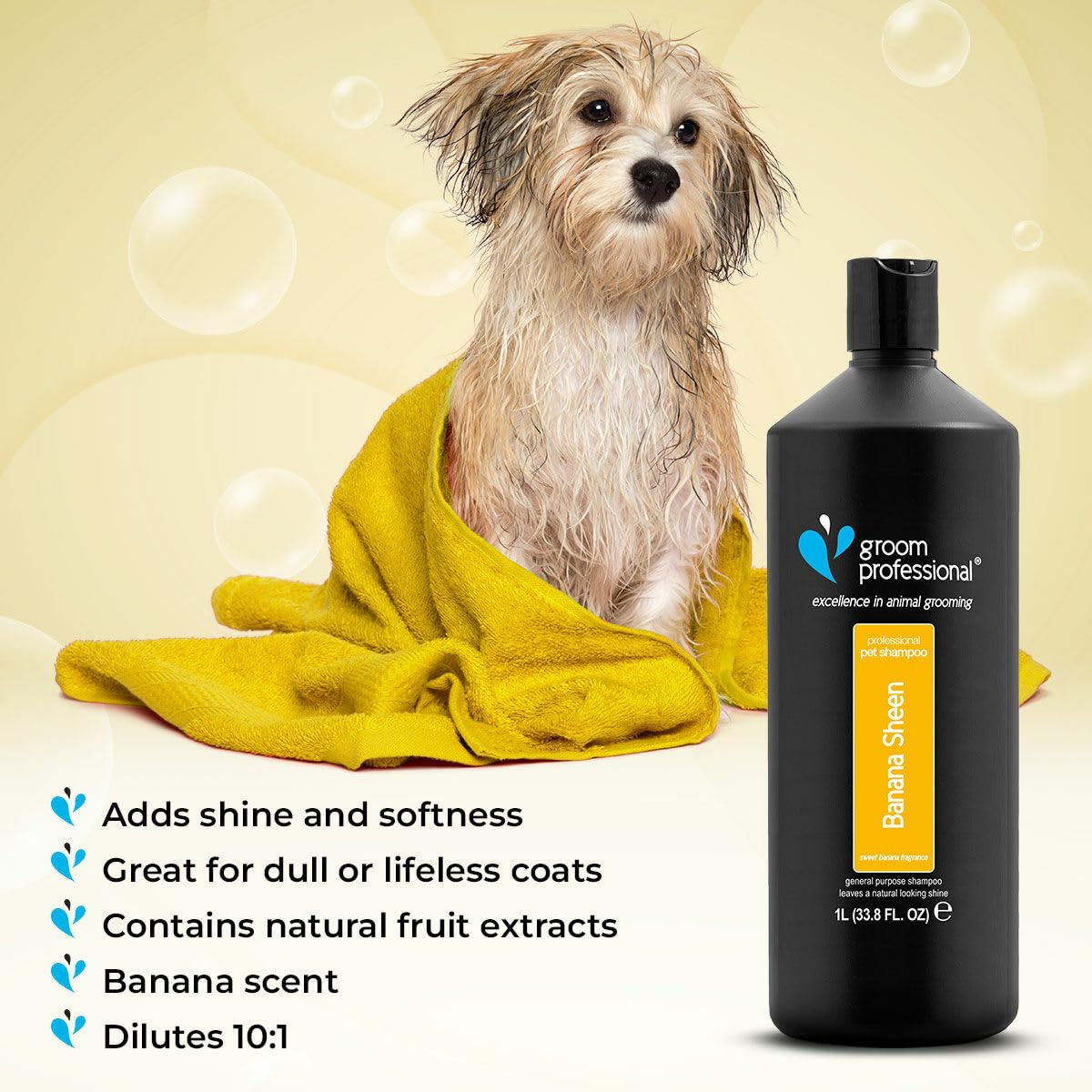 Groom Professional Banana Sheen Dog Shampoo (4 L) – Salon Size 12 : 1 Concentrate with Natural Banana Extract, Deep Cleaning and Conditioning, Restores Shine and Fresh Fragrance, Made in UK