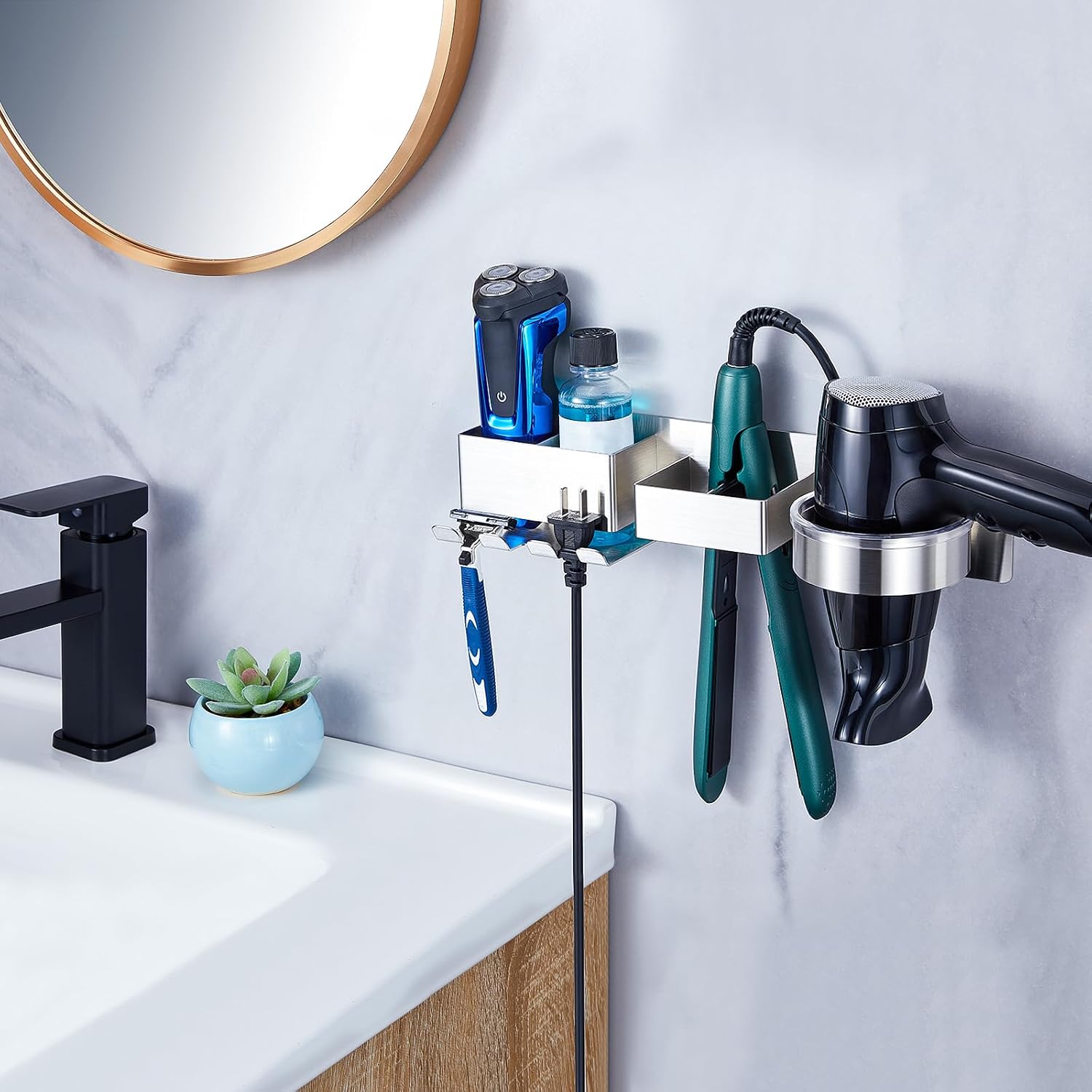 Hair Straightener Holder Wall Mounted, Blow Dryer and Curling Iron Holder, Hairdryer Holder for Bathroom, Adhesive Hair Dryer Holder Hair Tools Organizer with Plug Hook Storage (Silver)