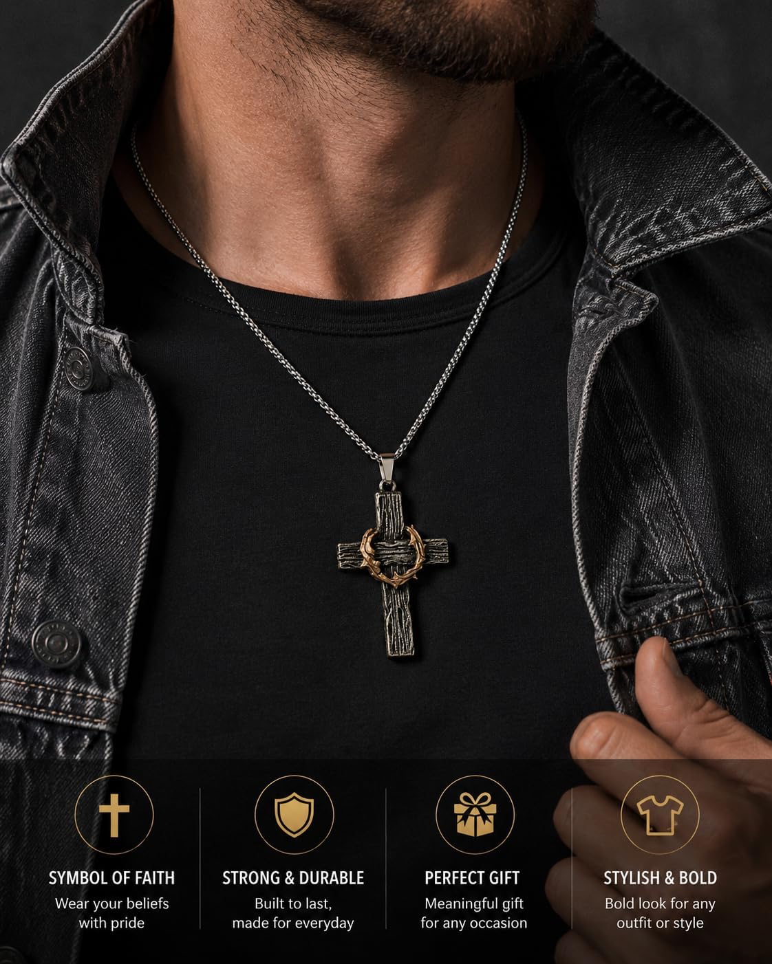GuoShuang Crown of Thorns Cross Necklace for Men, Stainless Steel Christian Cross Pendant Necklace, Religious Faith Jewelry Gift for Men