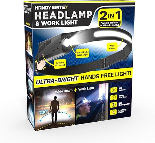 Miniatura 2 de Ontel Handy Brite - Linterna frontal recargable, 260 lúmenes ultra brillante con 5 modos de luz, lámpara frontal recargable por USB para actividades