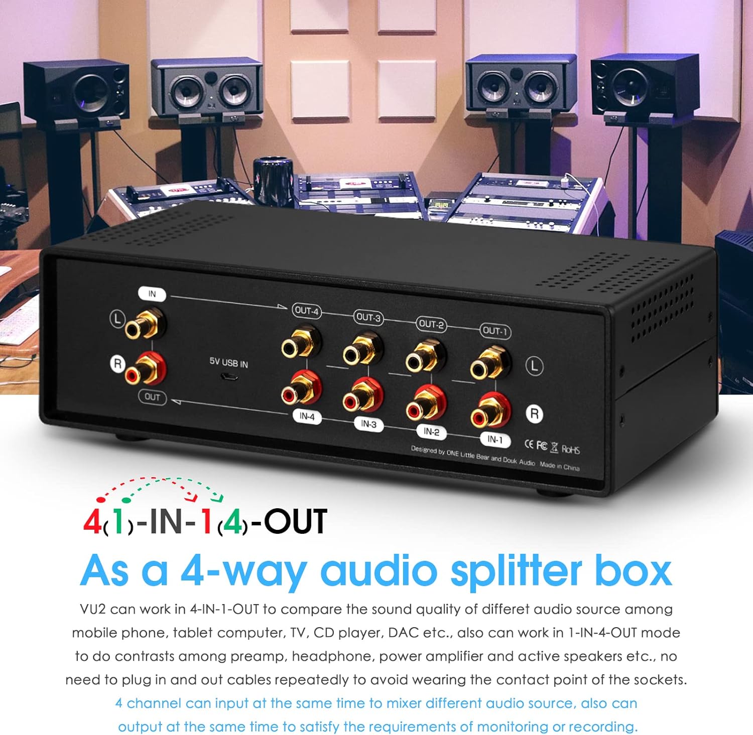 Douk Audio VU2 MIC & Line Dual VU Meter, Analog Sound Level Indicator, 4-Way Splitter Switch, Audio Switcher Box for Speaker/Amplifier/Preamp (Blue Version)