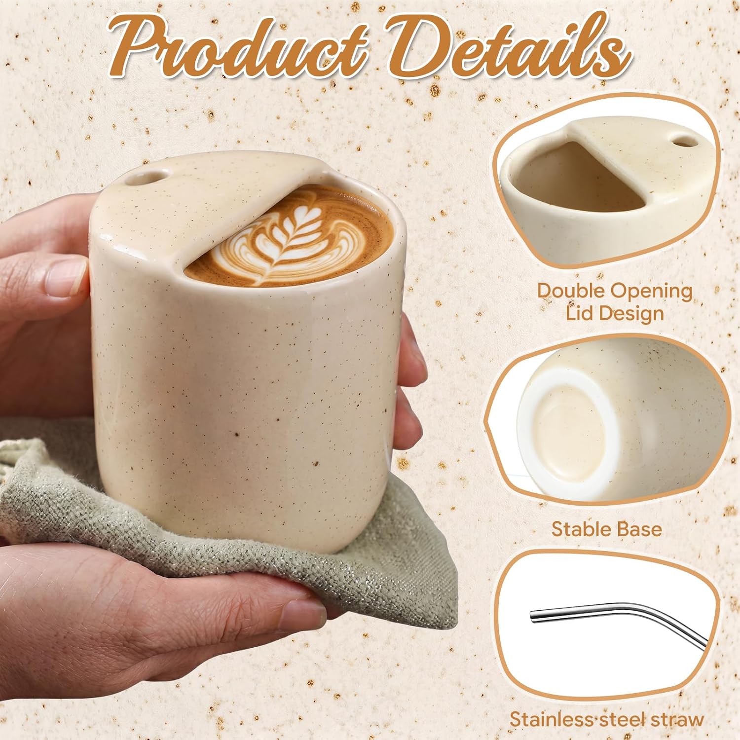 2 Pack Ceramic Coffee Mug with Sip Hole 10 oz,Speckled,Creamy