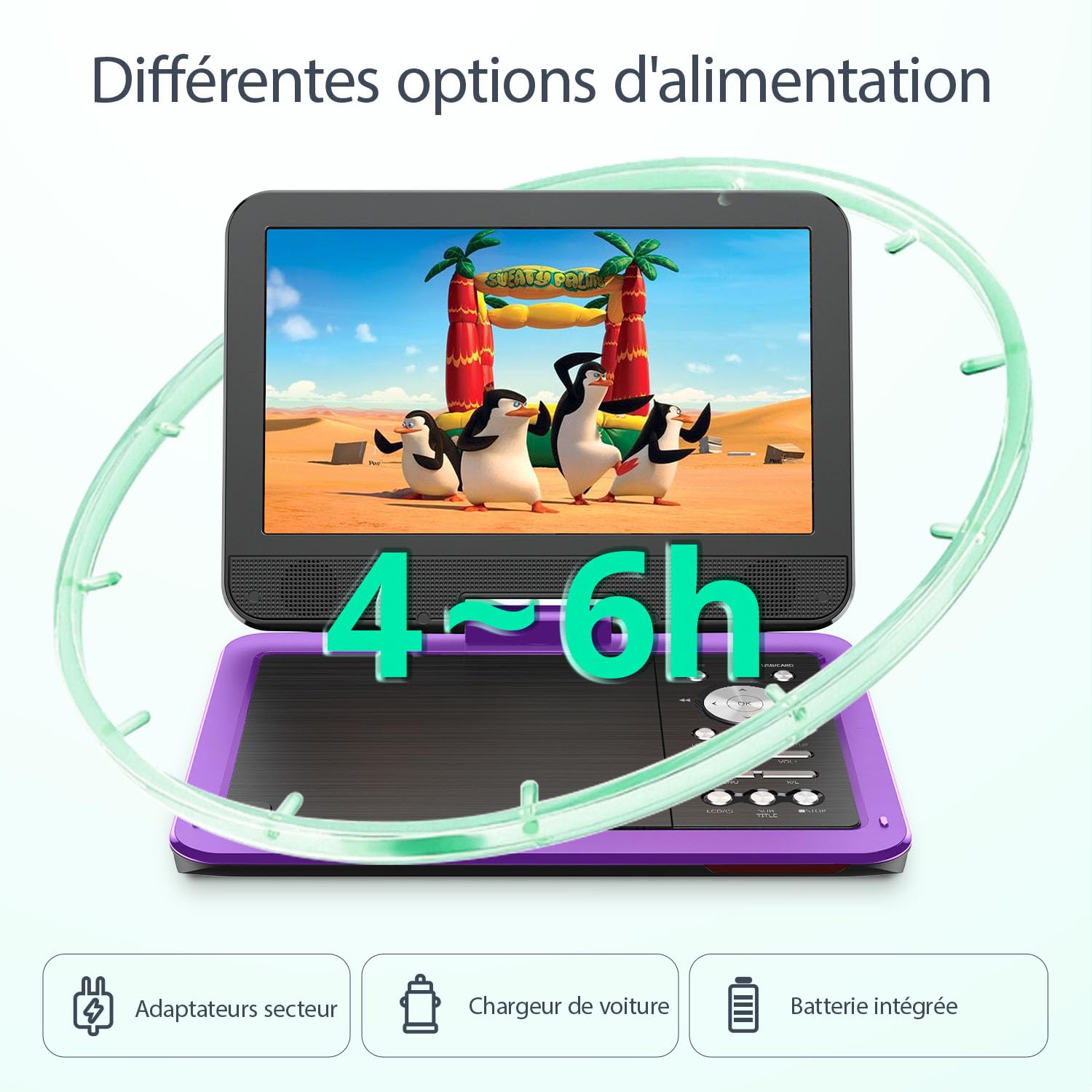 Yoton Lecteur DVD Portable 12,5" Écran Pivotant HD 10,5" avec Batterie Intégrée 6 Heures USB/SD/TV