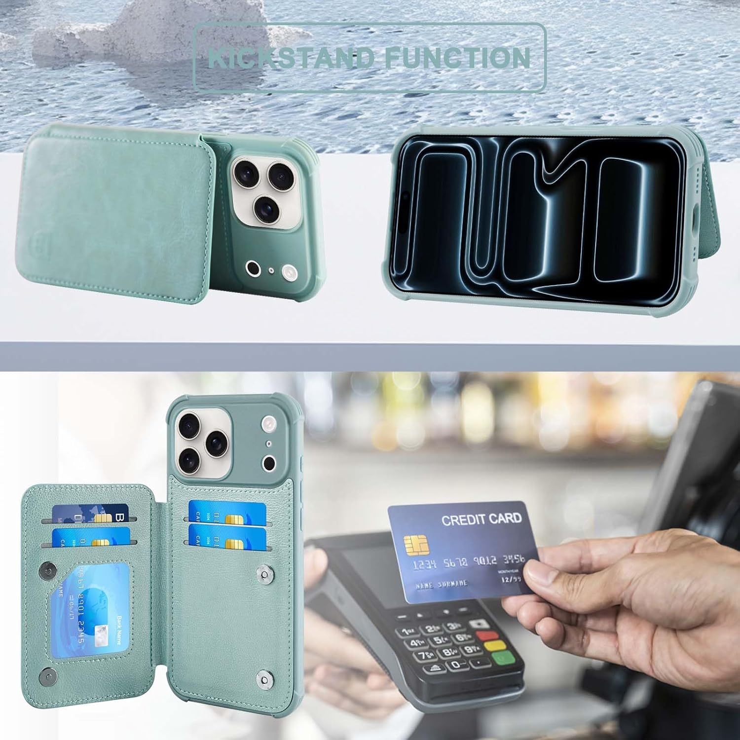 VANAVAGY Compatible for iPhone 17 Pro Max Wallet Case with RFID Blocking Card Holder, [Screen Protector] PU Leather Kickstand Card Slots Magnetic Clasp Shockproof Case for Women Men,Light Mint