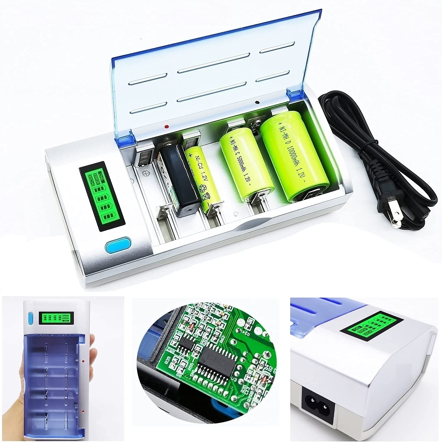 Tespher 6-Slot Smart Battery Charger Fits Ni-Mh Ni-Cd 9V Cell, C, D, A, AA, AAA Rechargeable Batteries - LCD Display Intelligent Battery Charger Built in Discharge Function - Removes Battery Memory