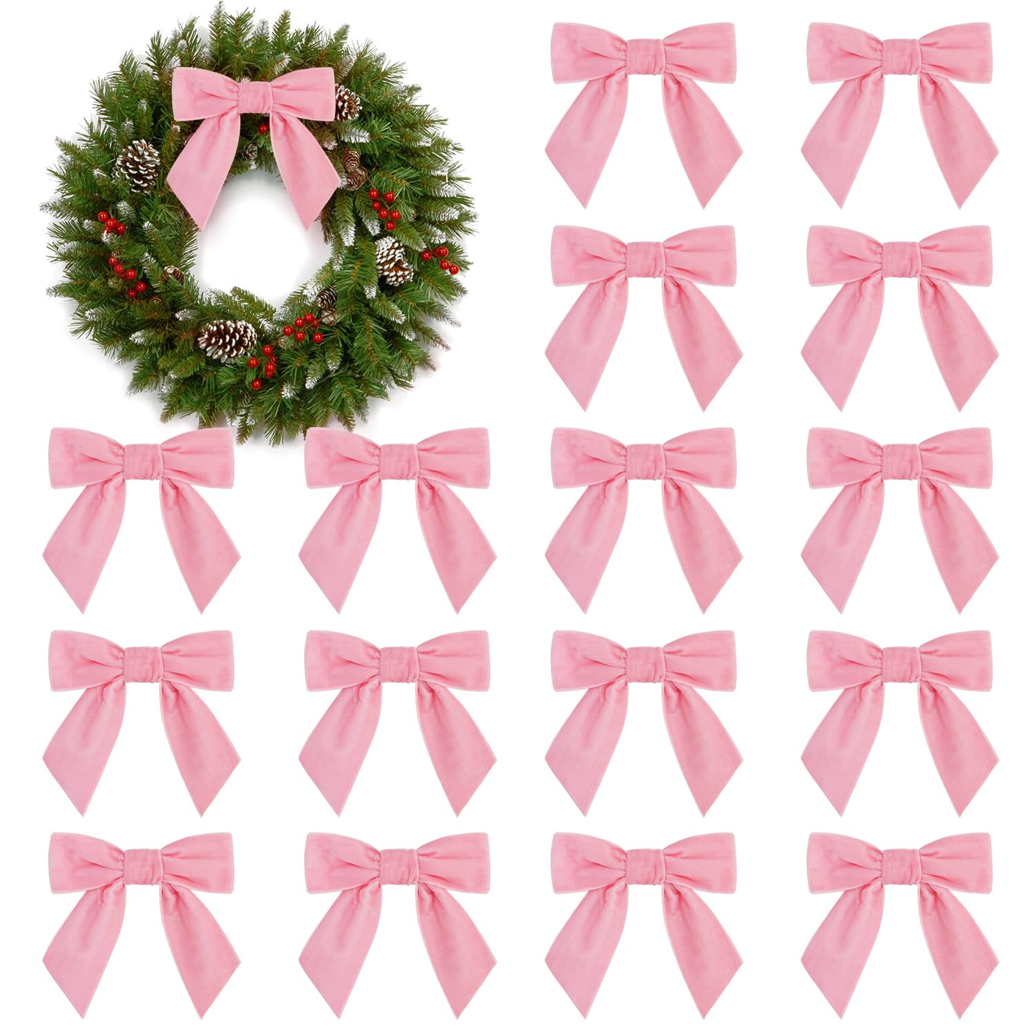 16Pcs Christmas Velvet Bows, 4.3" Vintage Velvet Ribbon Bows for Christmas Tree Garland Wreath Gift Wrapping DIY Crafts Wedding Decor (Pink) — image 1