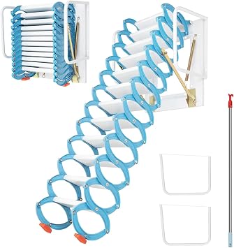 12 Steps Wall Mounted Folding Stairs, Attic Steps Pull Down Attic Stairs Retractable Attic Ladder Al-Mg Alloy Loft Ladder Stairs Attic Steps with Armrests, Capacity 1100lb -Blue