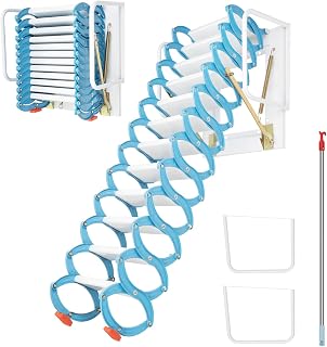12 Steps Wall Mounted Folding Stairs, Attic Steps Pull Down Attic Stairs Retractable Attic Ladder Al-Mg Alloy Loft Ladder Stairs Attic Steps with Armrests, Capacity 1100lb -Blue
