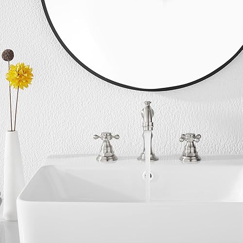 Miniatura 7 de GGStudy - Grifo mezclador de 2 manijas para lavabo de tres agujeros, para lavabo de baño extendido de 8 a 16 pulgadas, con desagüe de metal que se