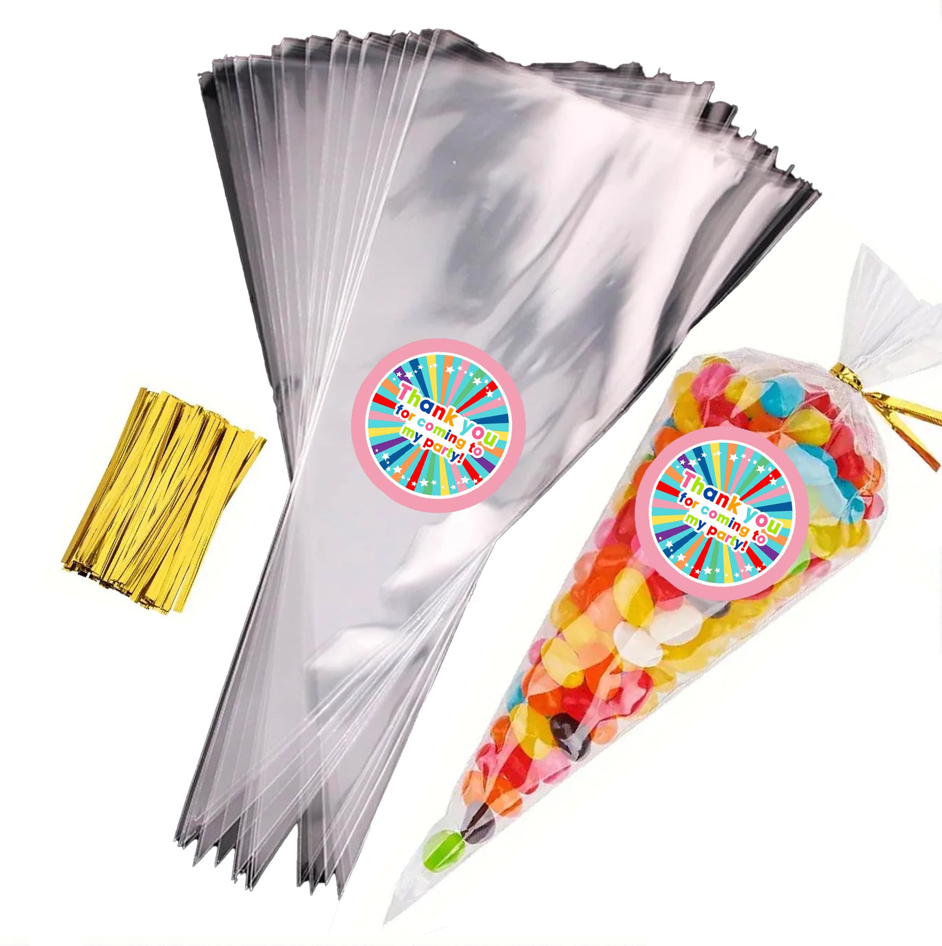 Sweet Cone Bags with Coloured Ties | Triangle Clear Cellophane Bags | Food Sweet Candy Popcorn Snacks | Brithday Baby Shower Fayres Events Festivals (Party Pink, 20 Set)
