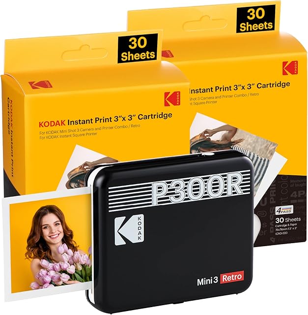 KODAK Mini 3 Retro 4PASS Portable Photo Printer (3x3) + 68 Sheets Bundle, Black