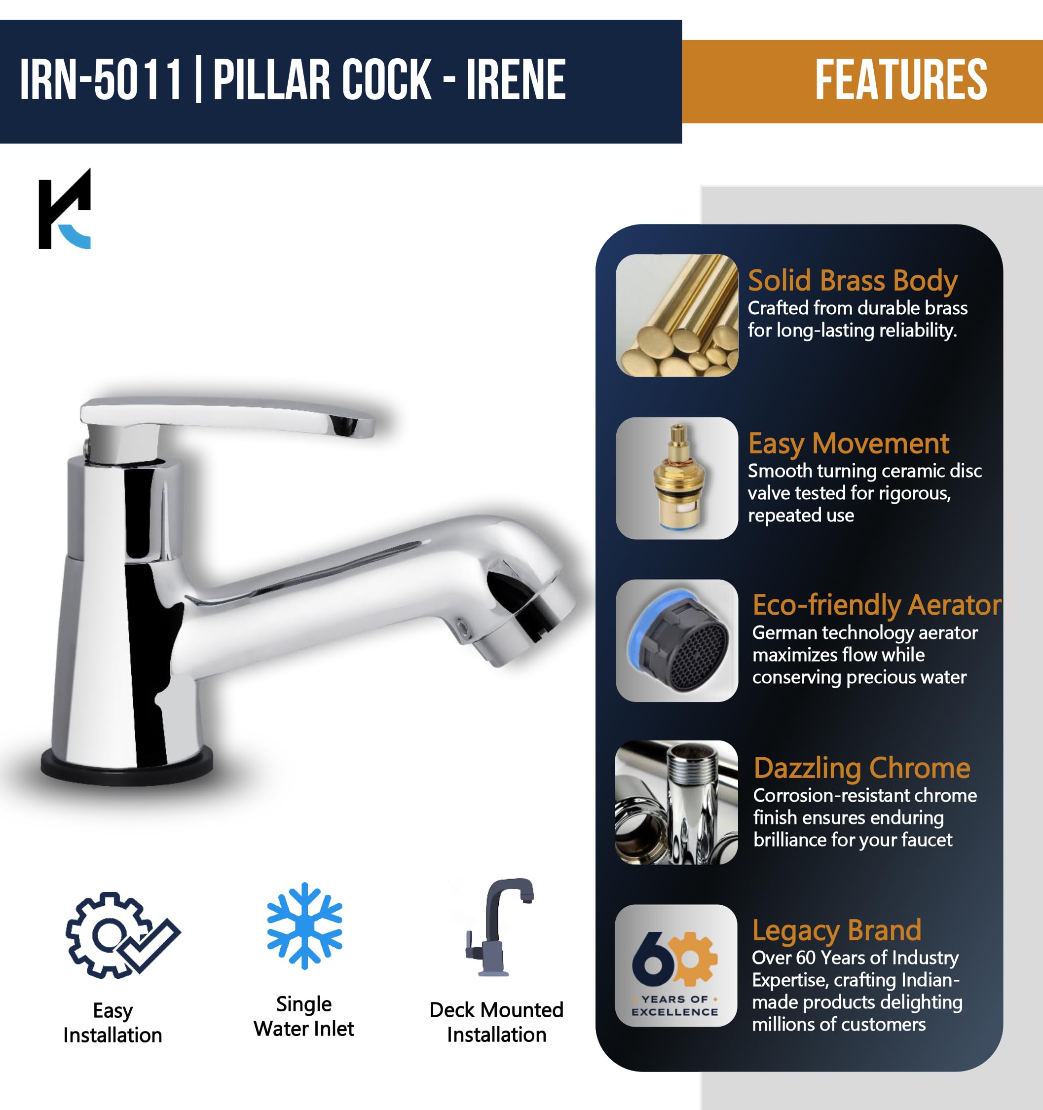 Kamal Irene Brass Bathroom Tap - Chrome Finish -8