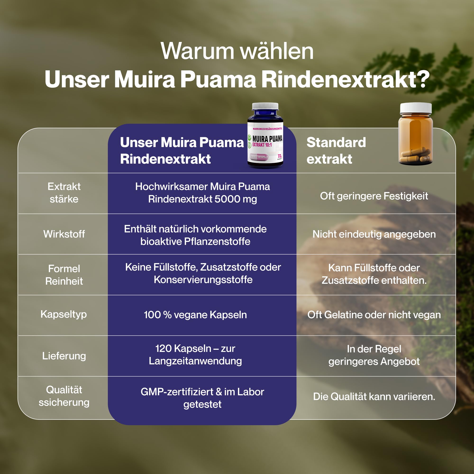 Hepatica Muira Puama (Ptychopetalum Olacoides) 5.000 mg Äquivalent | 500 mg 10:1 Rindenextrakt hochdosiert | 120 vegane Kapseln | GMP & Laborgeprüft